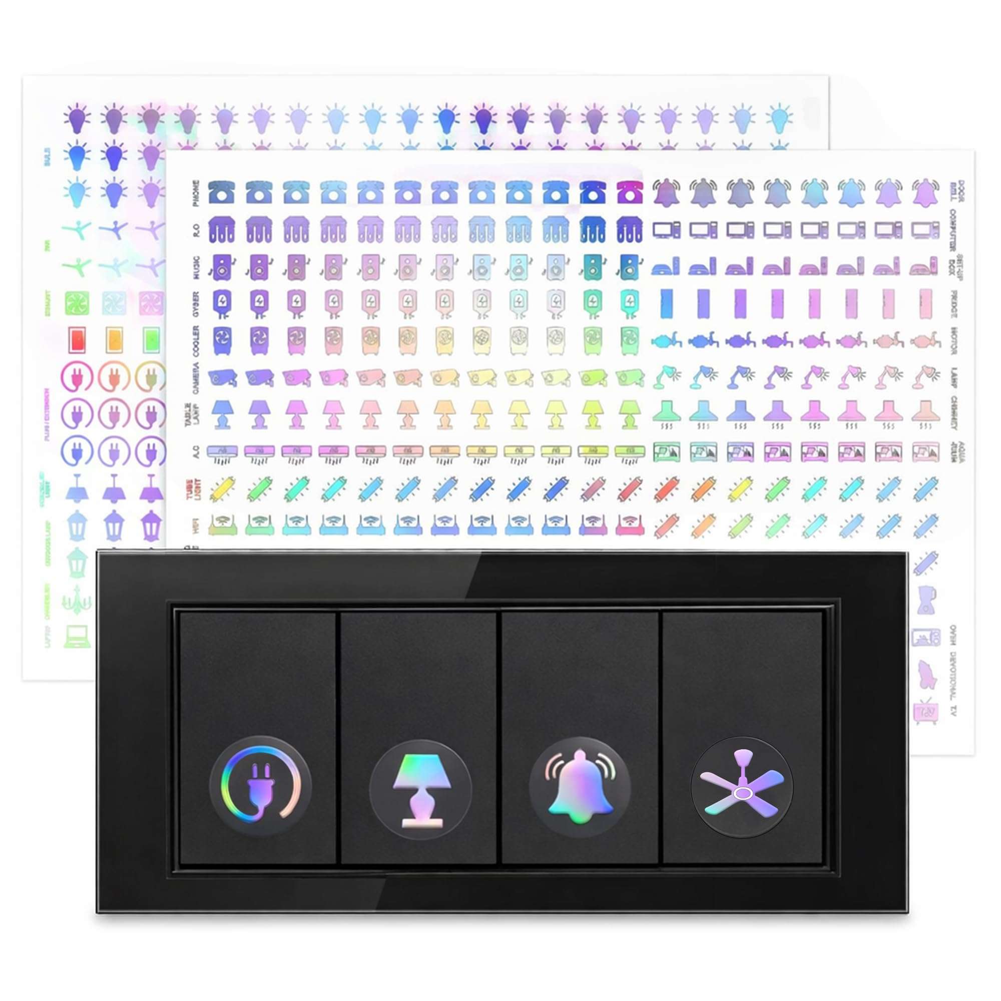 GLUN® 600 Switch Board Stickers with 60+ Icons, Prism Glow Effect Embossed Decorative Stickers for Home, Hotel, Office & School, Luxury Vinyl Self Adhesive Switch Covers for Fans & Appliances 1