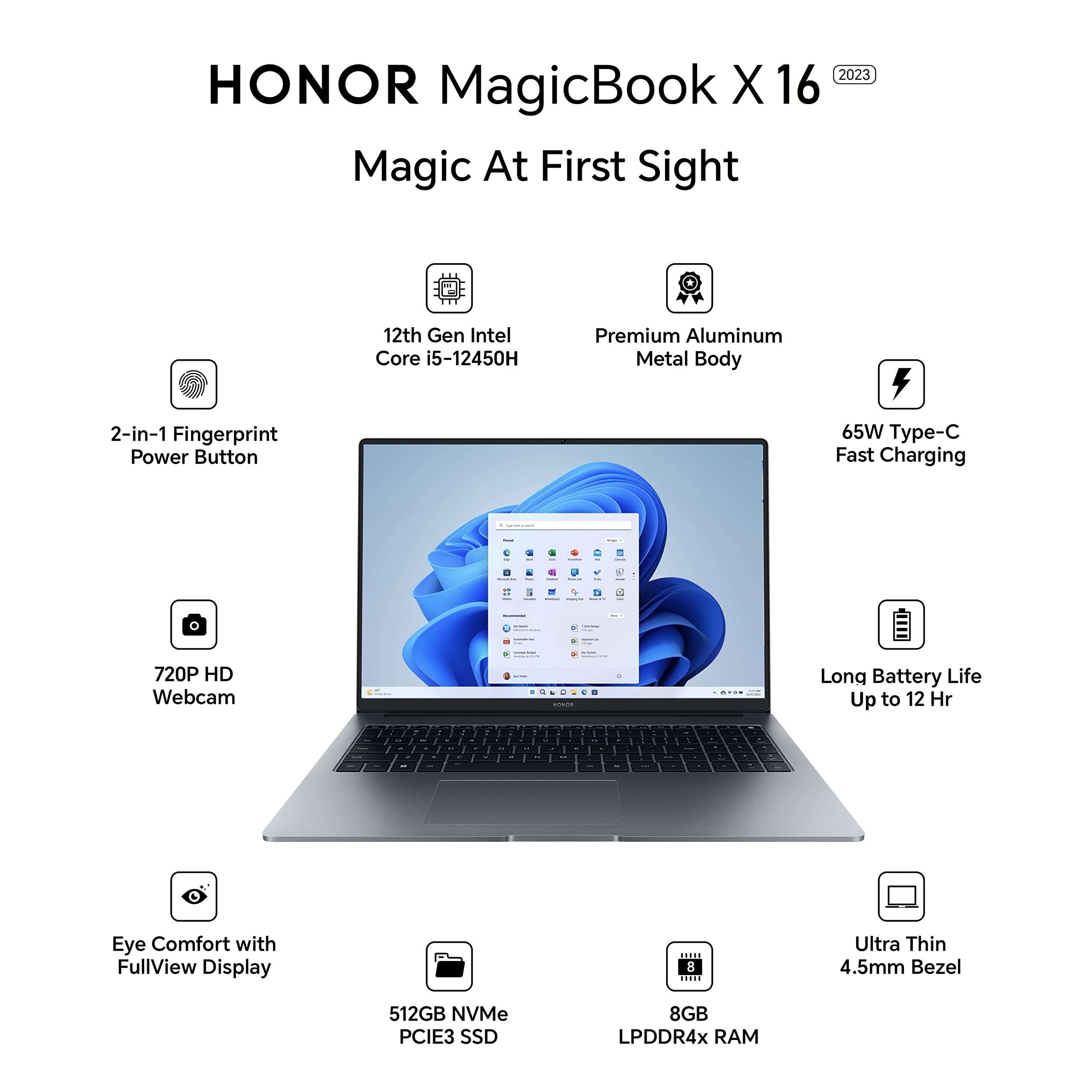 HONOR MagicBook X16 (2023), 12th Gen Intel Core i5-12450H (8GB/512GB NVMe SSD, 16-inch (40.64 cm) FHD IPS Anti-Glare Thin and Light Laptop/Windows 11/Backlit Keyboard/Fingerprint Login/1.75Kg), Gray 2