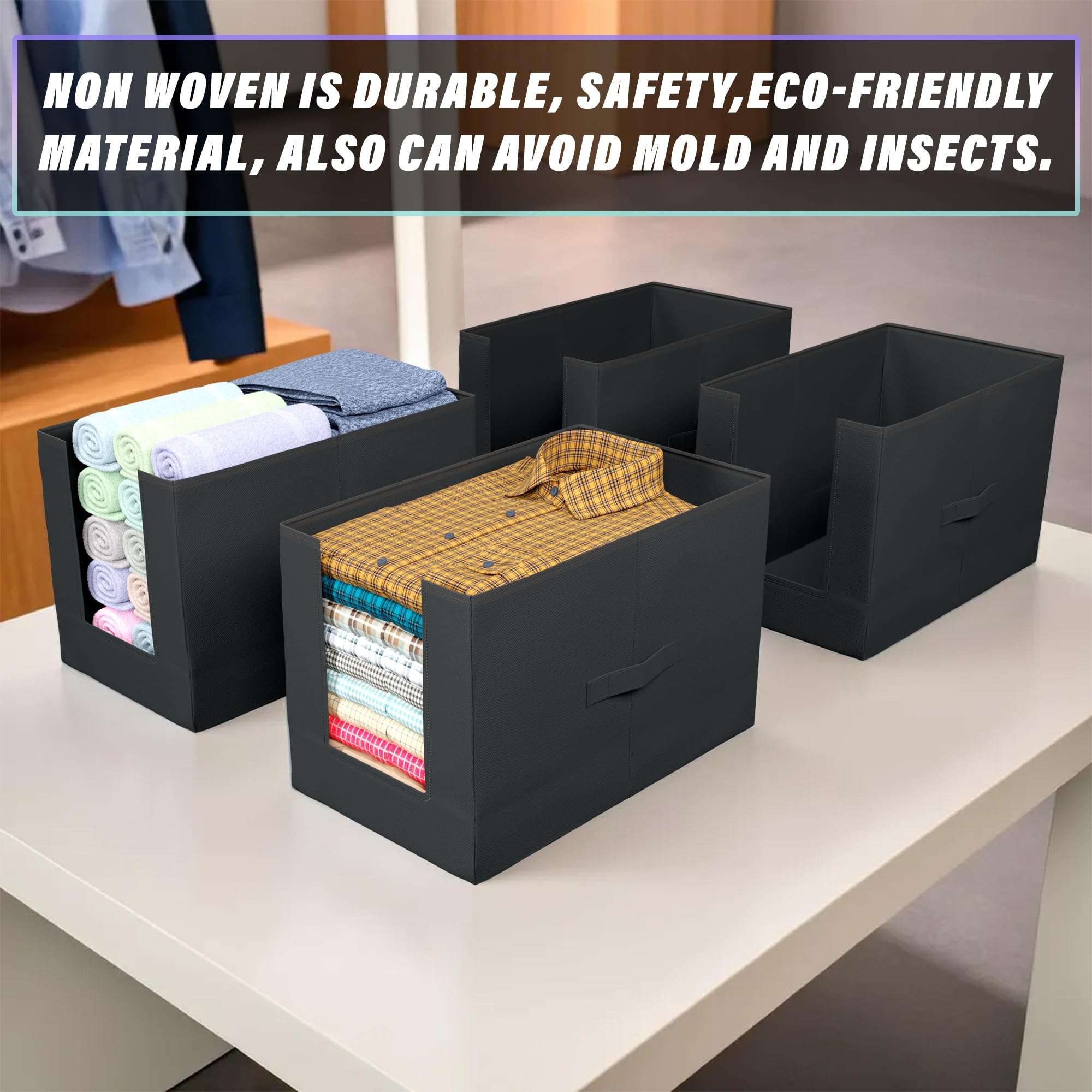 Kuber Industries Non-Woven Shirt Stacker/Clothes Organizer|Solid Color & Foldable Non Woven Material|Closet & Wardrobe Organizer|Size 40 x 20 x 25 Cm, Pack of 4 (Black) 5