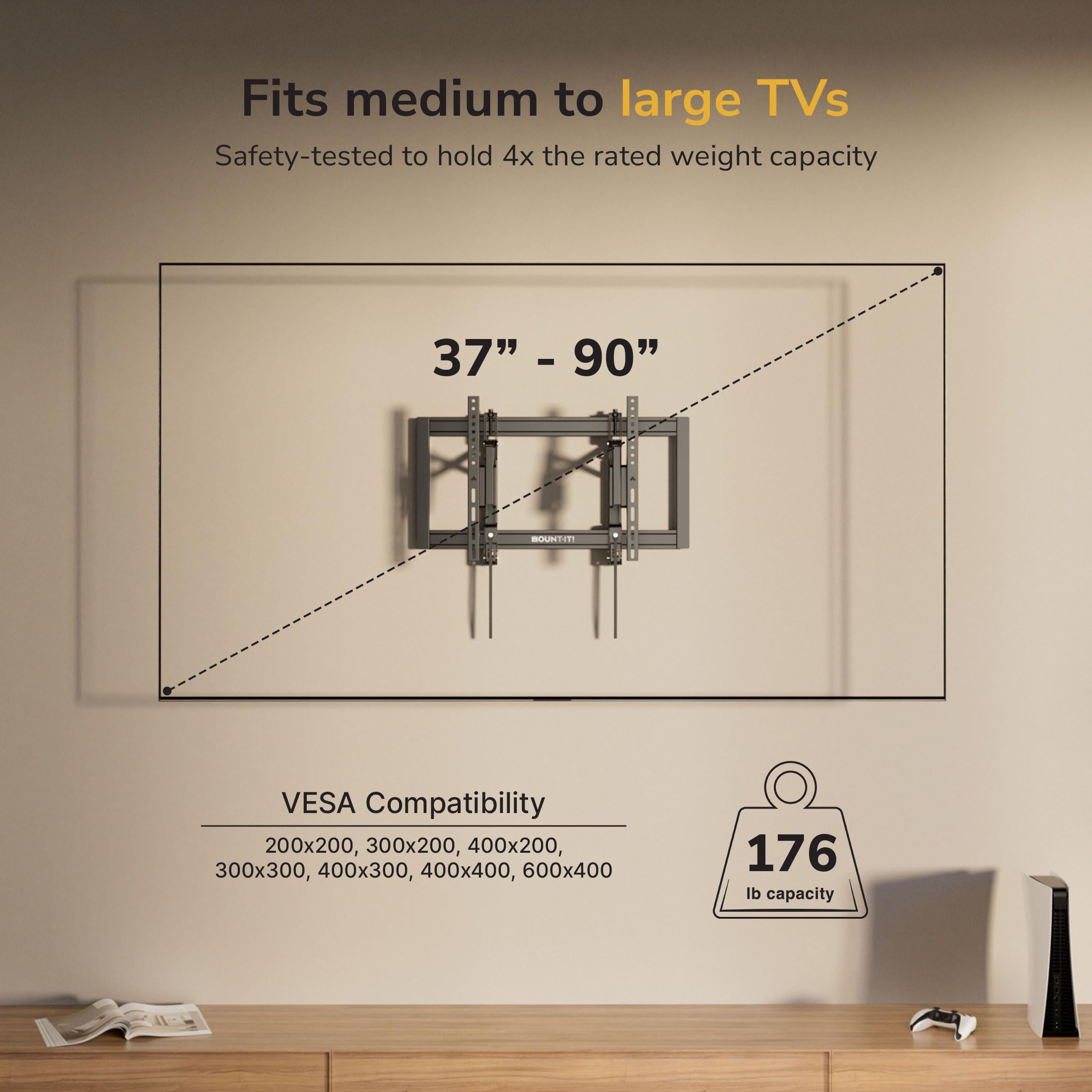Mount-It! Advanced Extendable Tilt TV Wall Mount for 37–90 Inch TVs, Low Profile 2.1” Heavy-Duty Bracket with 6.8” Extension, Tilt & Swivel, VESA up to 600×400 mm, 176 Lbs Rated, Fits 16/18/24” Studs 4