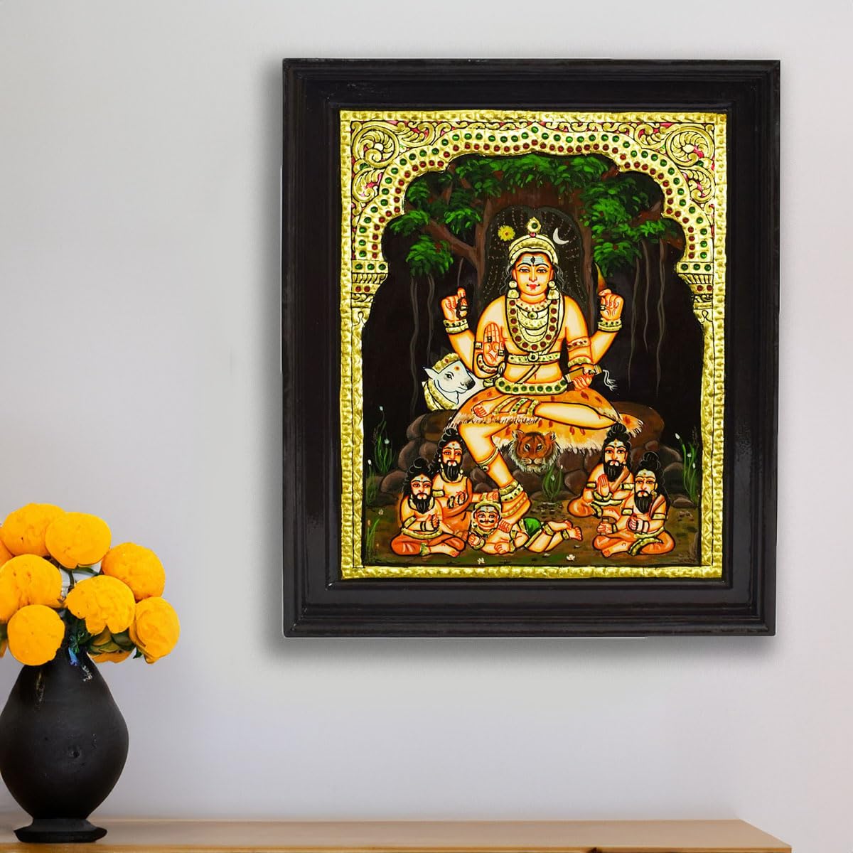 Tarang Arts Dakshinamurthy Sitting Tanjore Paintings with Wooden Frame, Jaipur Stones Handwork Painting, 2D Emboss Design & 22-Carat Gold Foil for Home/Puja/Wall Decor/Gifts (14x12 Inches) 3