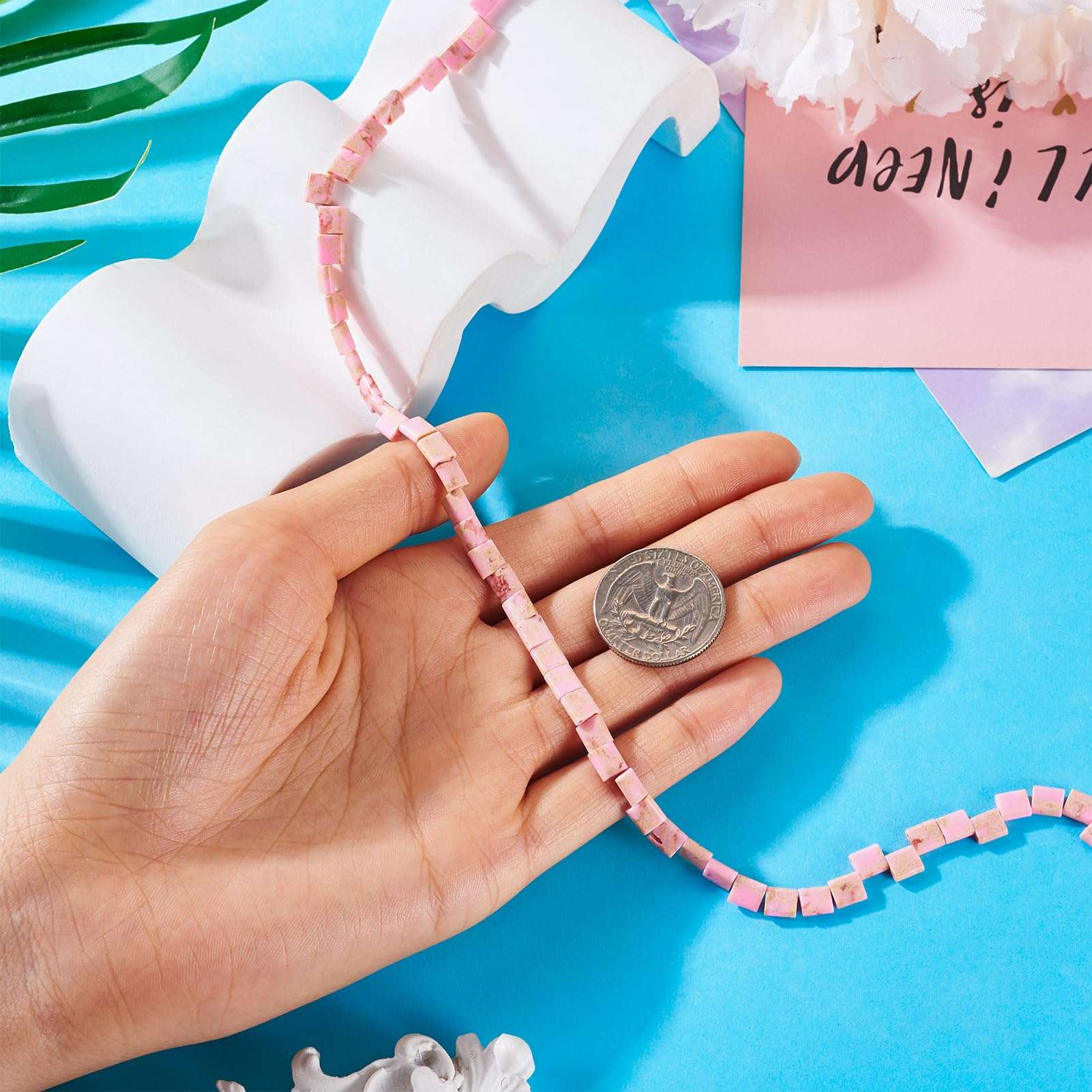 Magibeads 69Pcs 5mm Gemstone Beads Square Tila Beads Pink Jasper Beads 2 Hole Stone Seed Beads for Crafts DIY Multi Strand Elastic Bracelets Jewelry Making Supplies 3