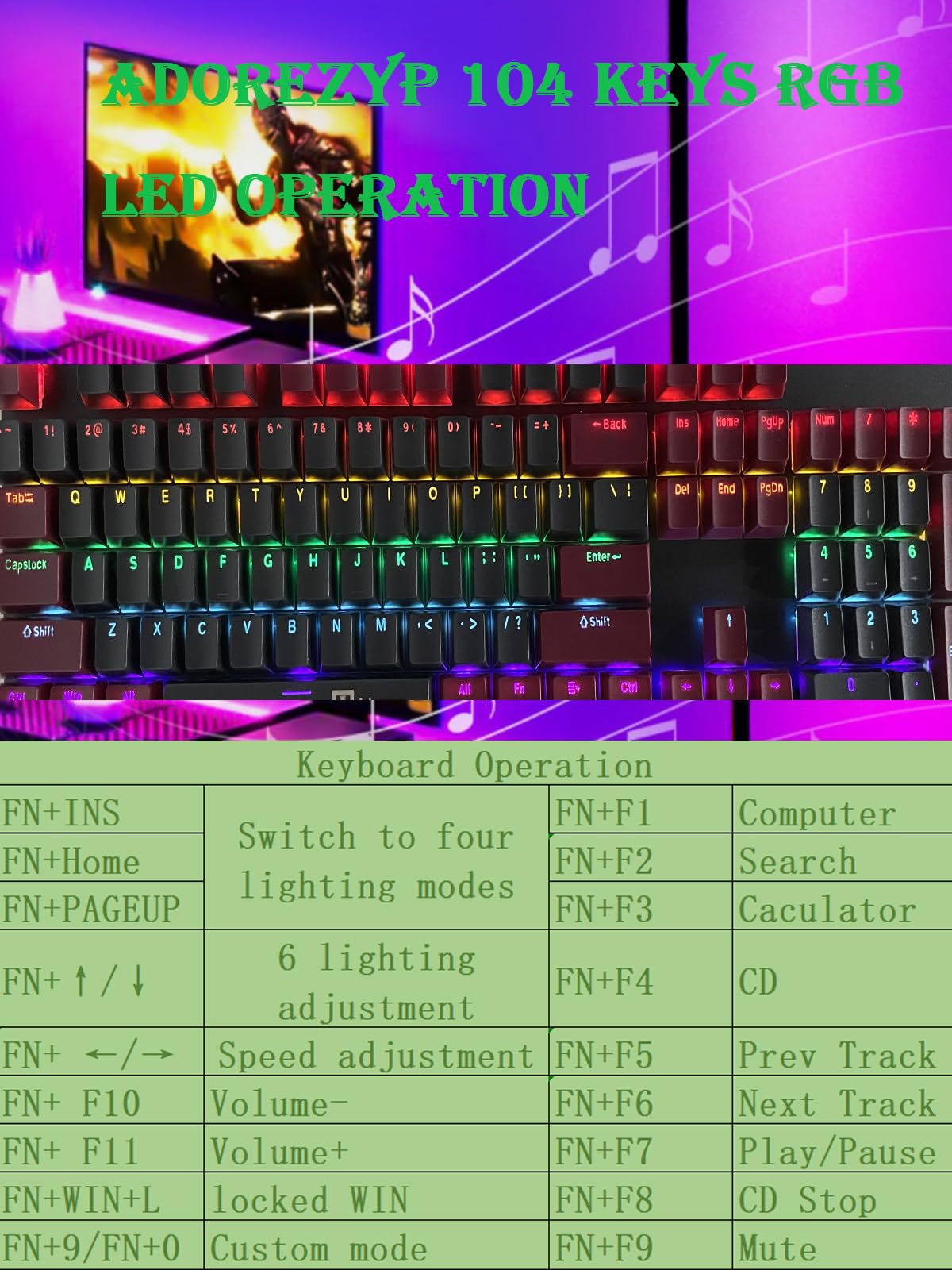 Adorezyp Mechanical Keyboard with Full Size, 104 Keyboards MX RGB Wired Mechanical Keyboard for Gaming,Satellite Box Red Switch,Quiet and Silence (Black-Red) 3