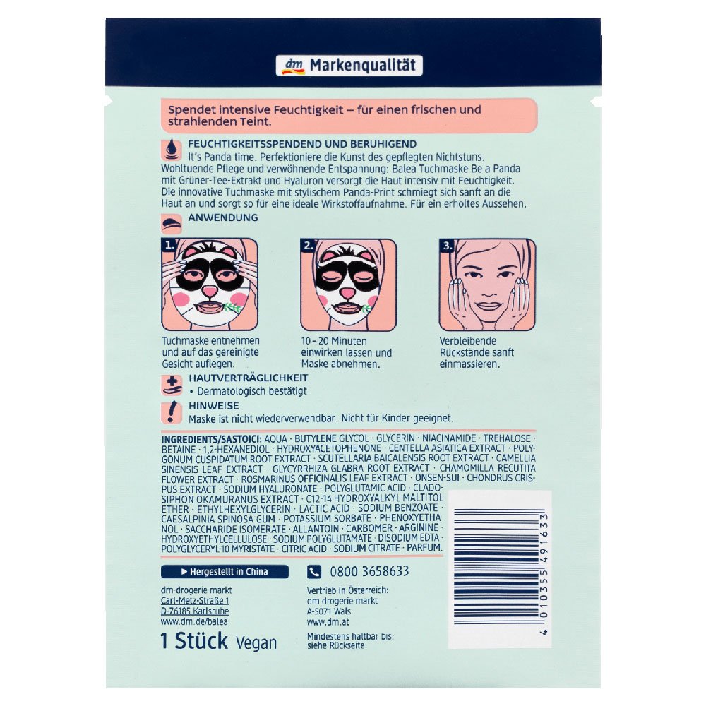 Balea Be a Panda Facial Sheet Mask with Green Tea Extract - Limited Edition - 0.55 Fl. Oz. 3