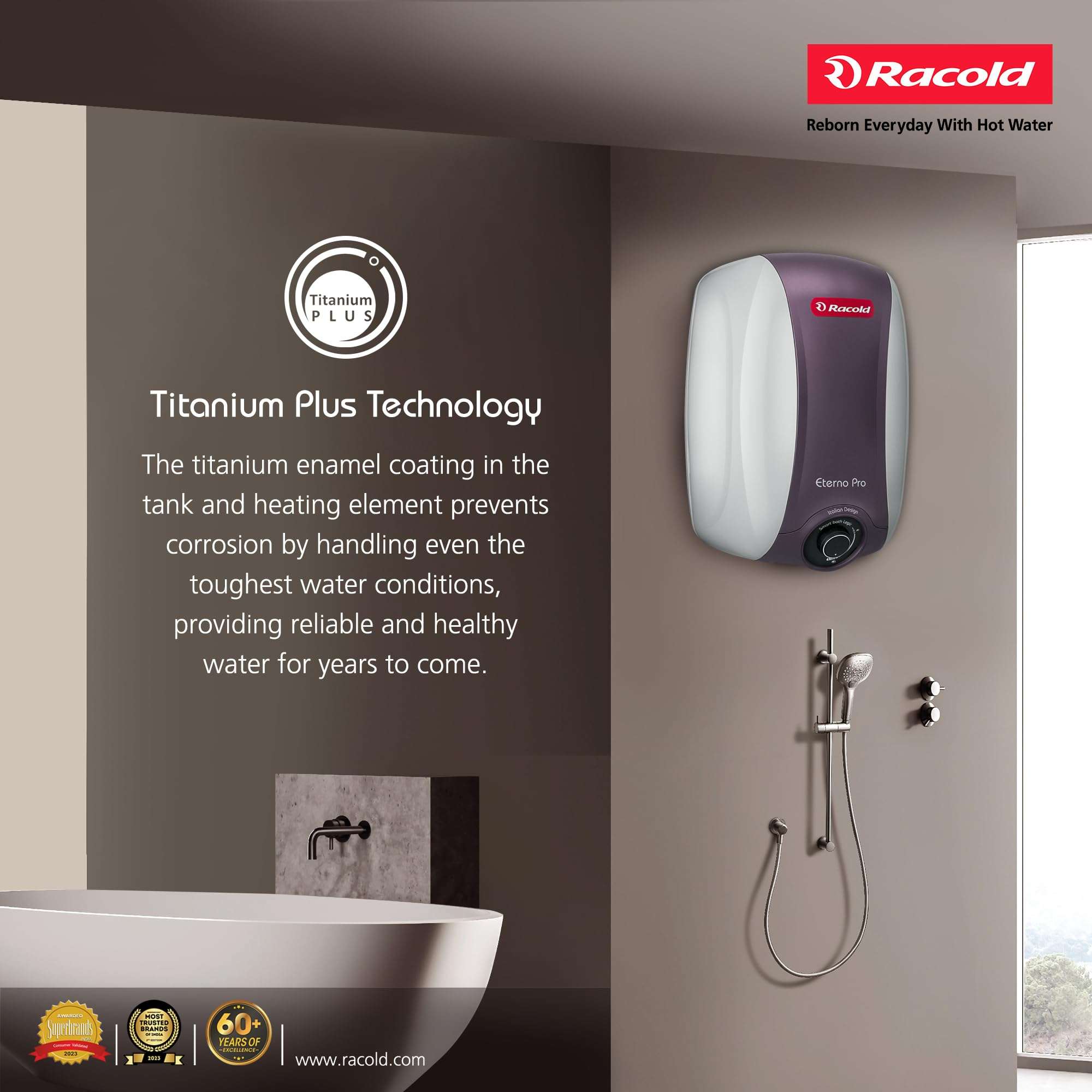 Racold ETERNO PRO Storage Water Heater 10L – Vertical Geyser useful for Bathrooom, Smart Logic, 3 Safety Levels, Energy Efficient,Titanium Enamelled Coating, Free Standard Installation & Pipes, White 2