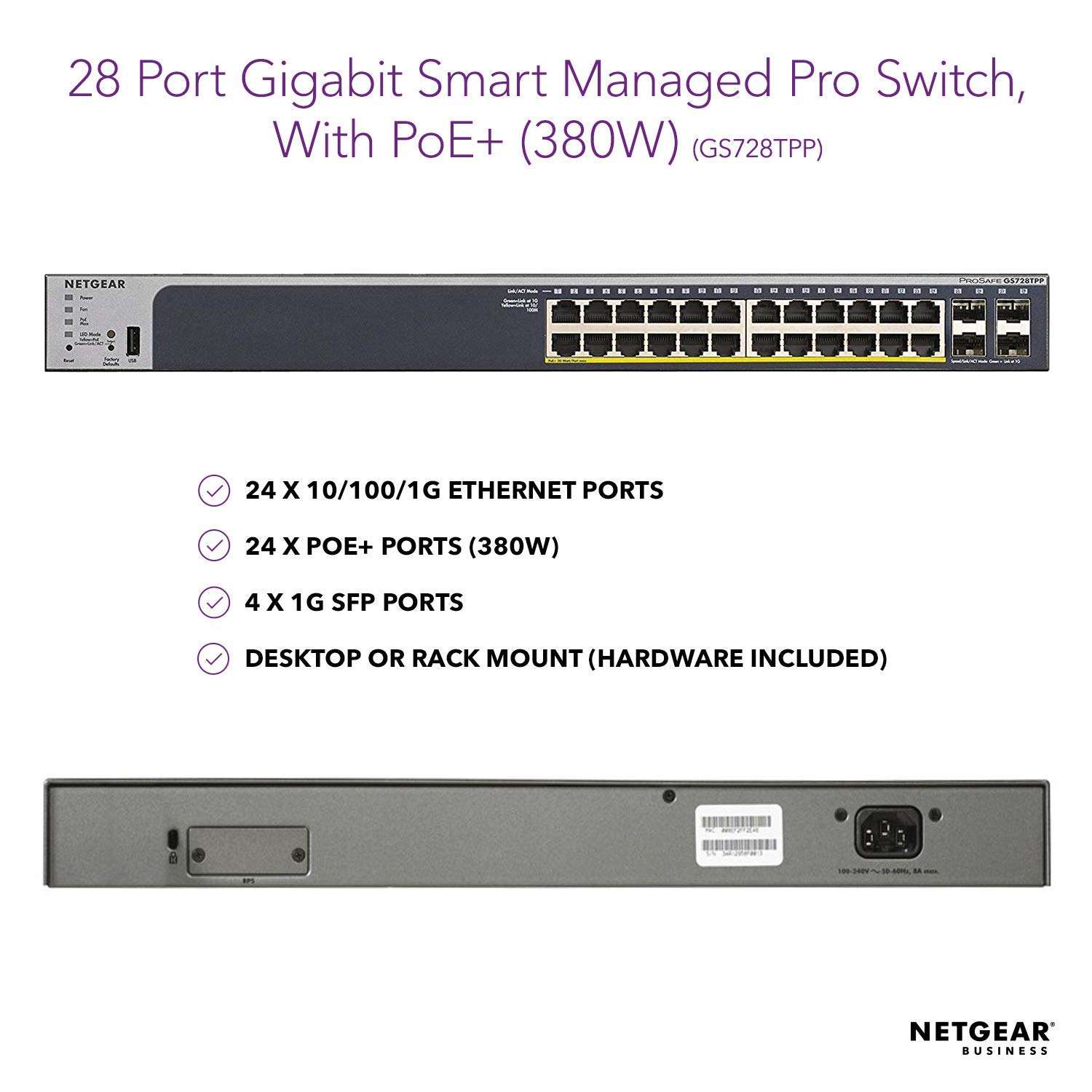 NETGEAR GS728TPP-100NAS 24-Port Gigabit Ethernet Smart Managed Pro Switch, PoE/PoE+, 439W, 4 SFP+, ProSAFE Lifetime Protection (GS728TPP) 2