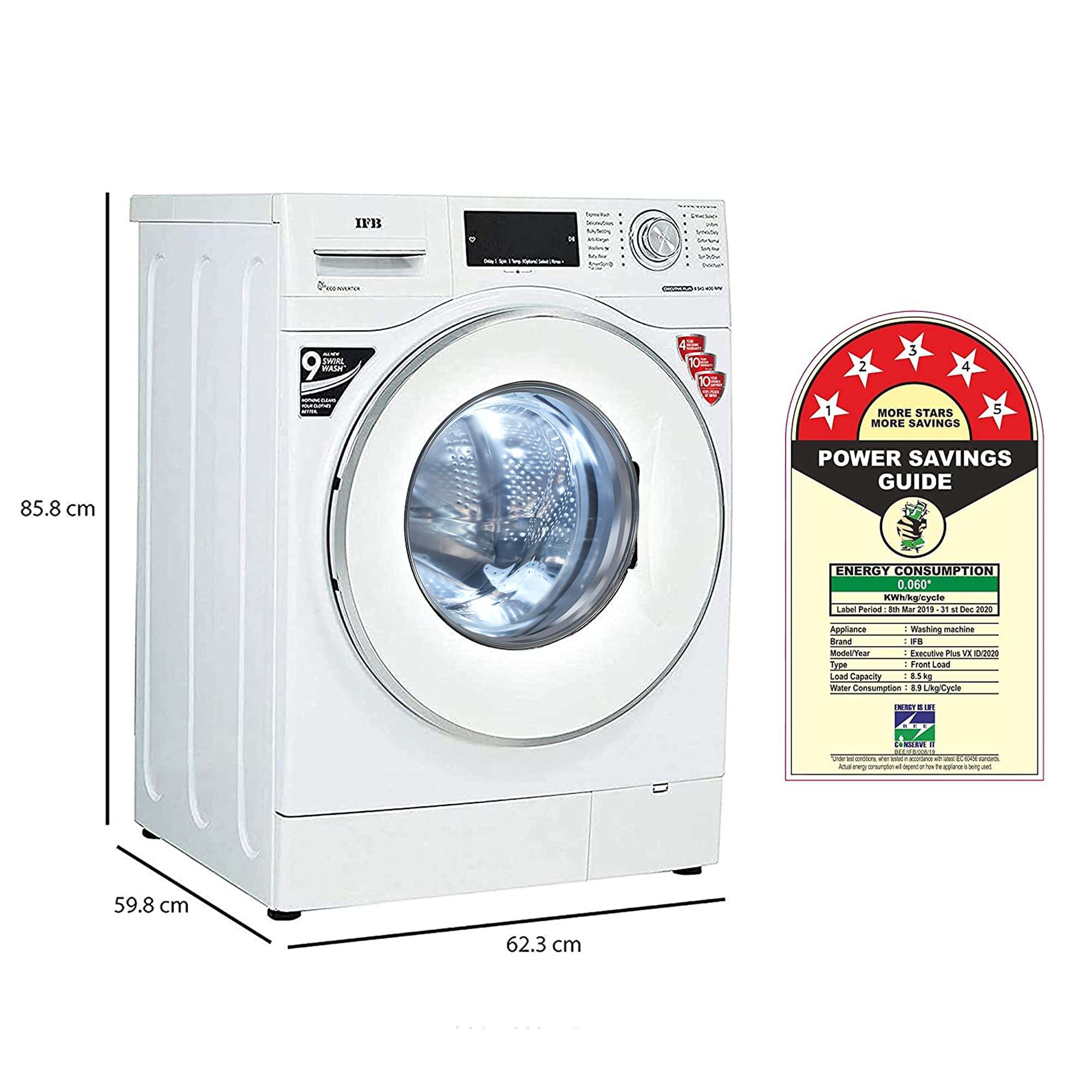 IFB 8.5 kg 5 Star Fully-Automatic Front Loading Washing Machine (EXECUTIVE PLUS VX ID, White, In-Built Heater, 4D Wash technology) 5