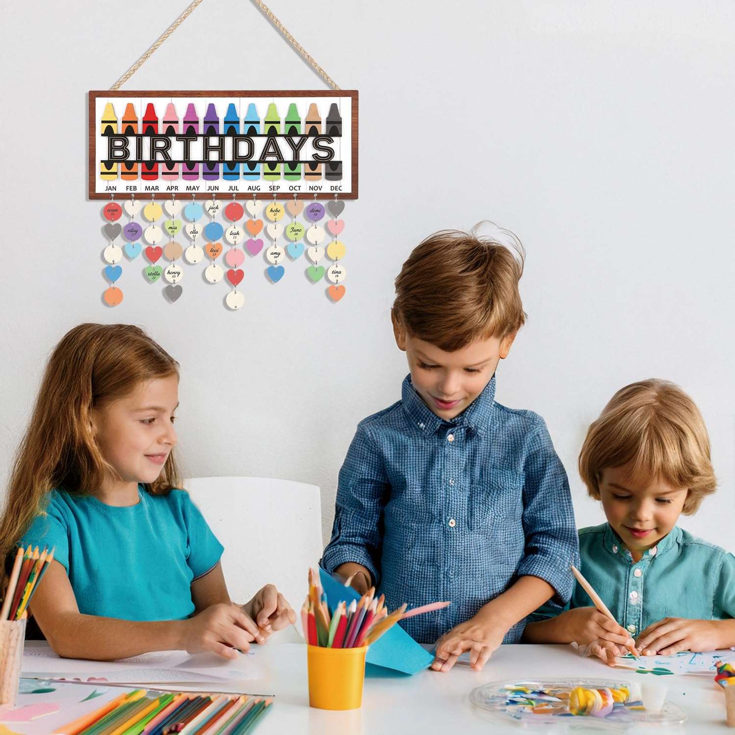 HPNIUB 3D Birthday Calendar Wall Hanging, DIY Family Birthday Plaque with Tags Gifts for Classroom School Home, Colorful Crayon Theme Reminder Tracker Calendar Board with 100pcs Wood Tags(15.4''x6.3'') 5