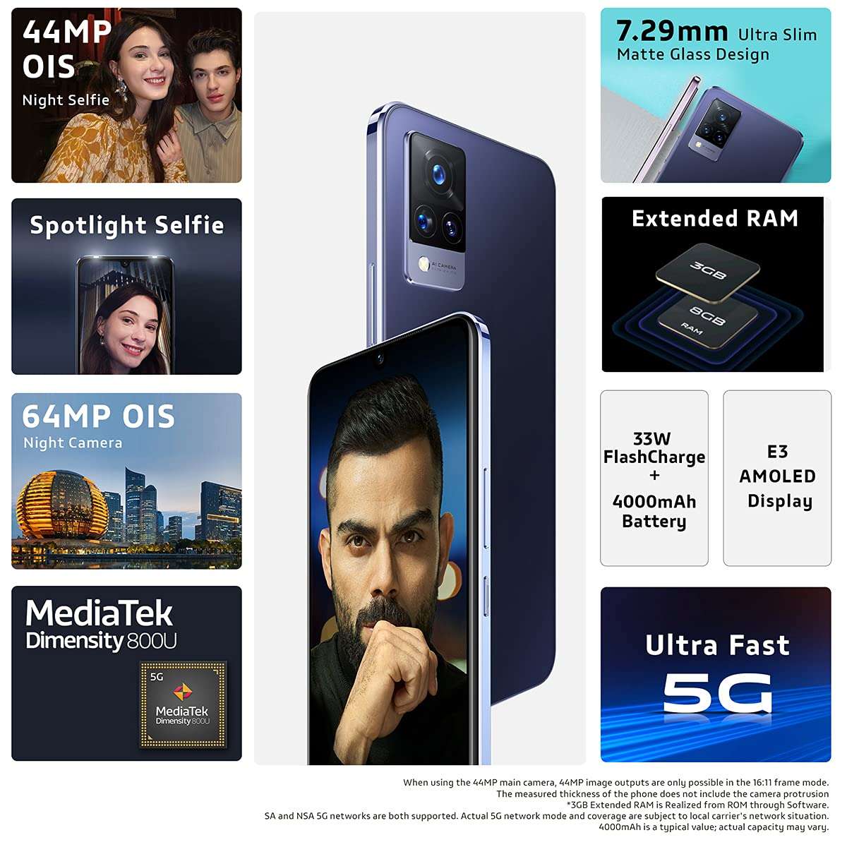 Vivo V21 5G (Dusk Blue, 8GB RAM, 256GB Storage) with No Cost EMI/Additional Exchange Offers 3