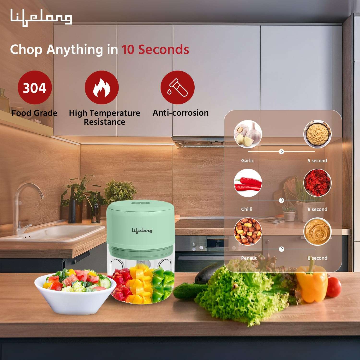 Lifelong USB Rechargeable Wireless Electric Chopper for Kitchen 30 Watts with Stainless Steel Blades for Onion, Garlic, Vegetables, Nuts - 250 ml (Green) 3