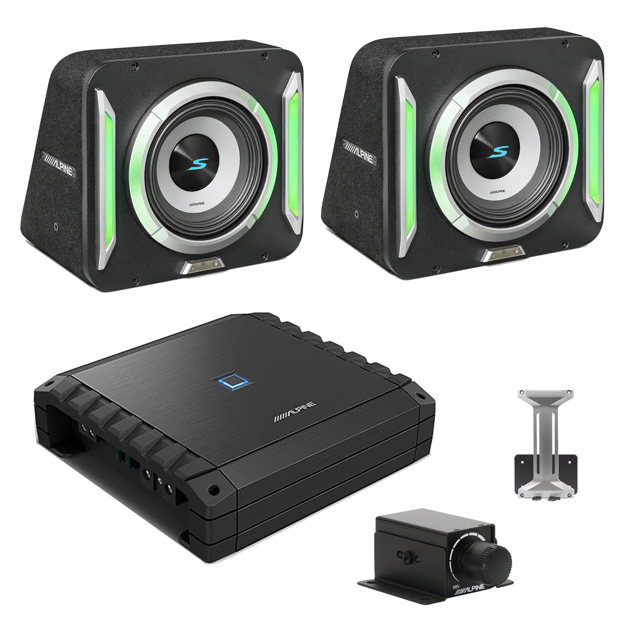 Alpine (2) S2-SB12 PrismaLink™ S2-Series 12" subwoofer Built-in RGB Lighting & S2-A60M Amplifier w/Rux Bass Knob Bundle 1
