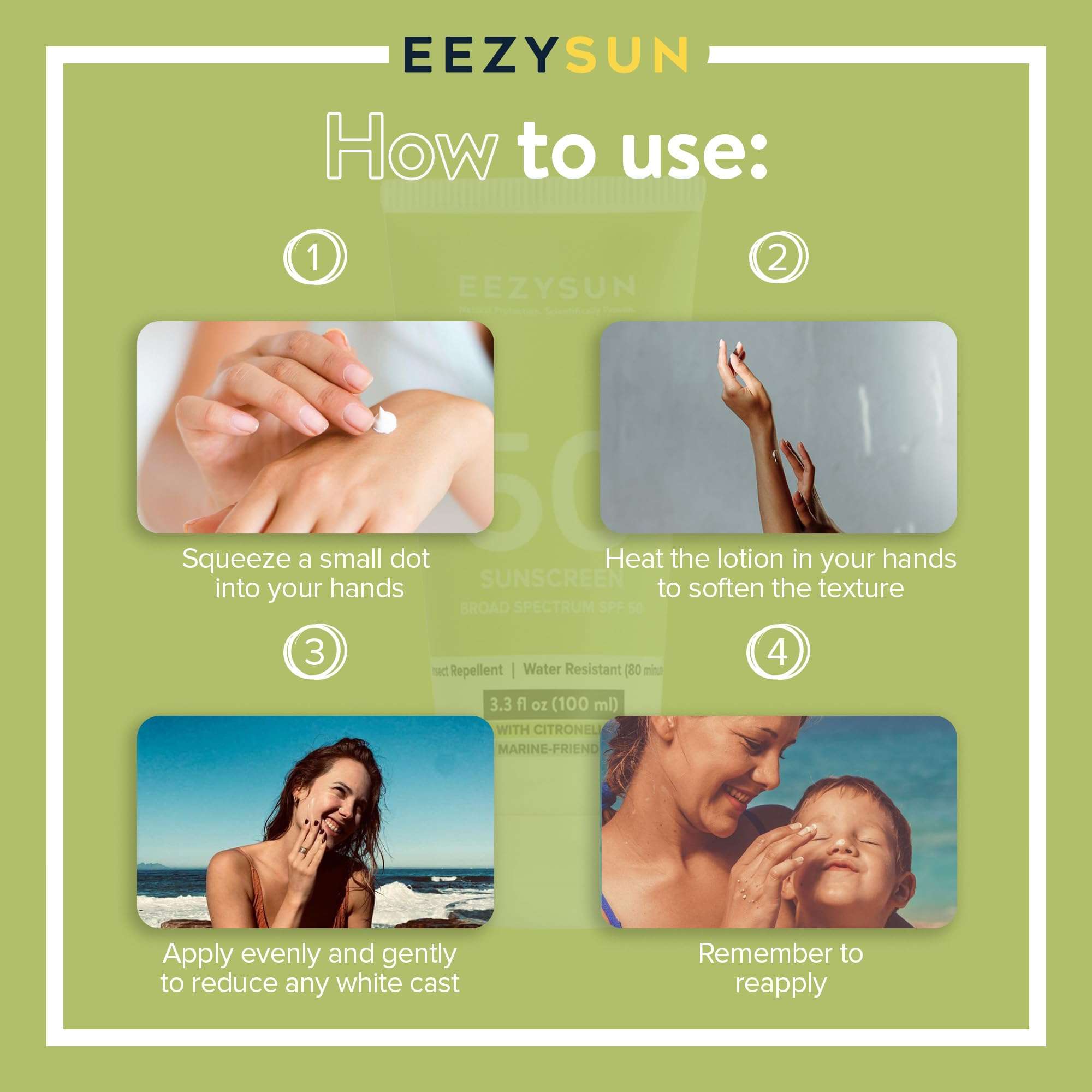 EEZYSUN SPF 50 Sunscreen and Insect Repellent - Water-Resistant Sunscreen Travel Size & Bug Repellent with Citronella Oil, Lemongrass, and Neem Oil - Reef-Safe Bug Repellent Outdoor - 3.3 fl oz 5