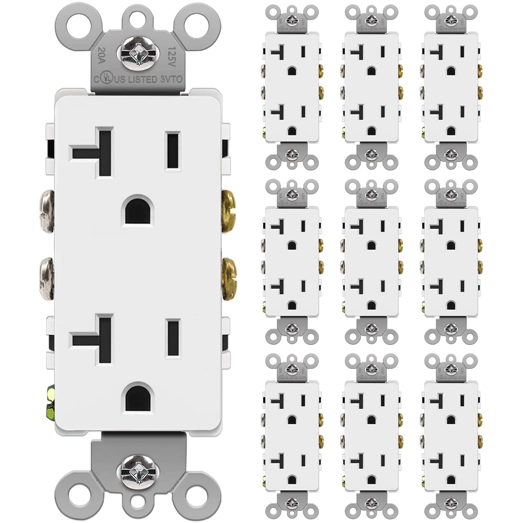 [10 Pack] BESTTEN 20 Amp Decorator Wall Receptacle Outlet with Mid Size Decorator Wall Plate, Non-Tamper-Resistant, 20A/125V/2500W, Residential and Commercial Use, UL Listed, White 3