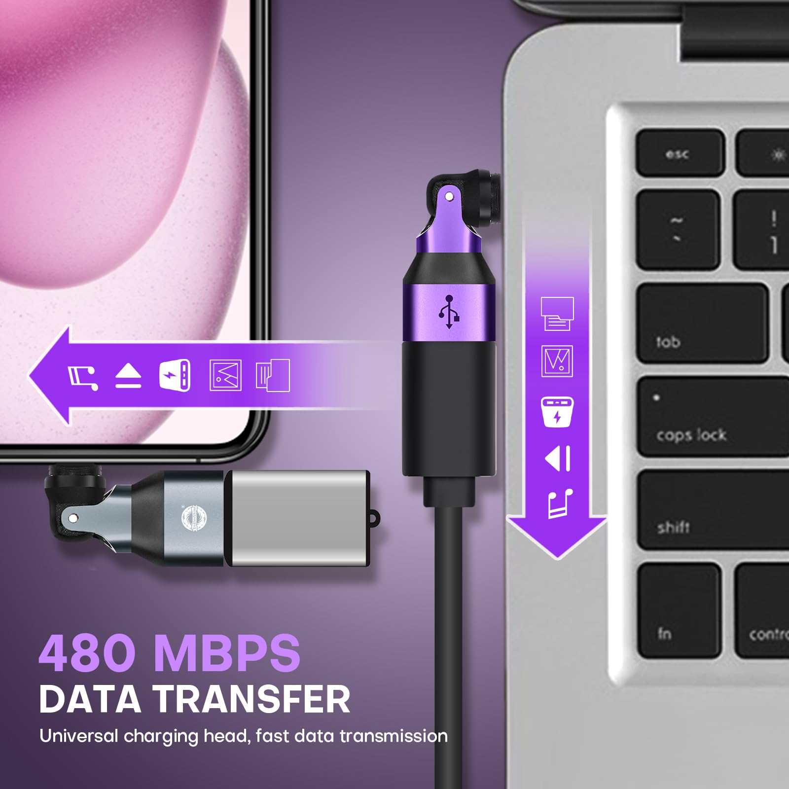 EndlesShine Magnetic USB A to Type-C/USB-C Adapter, 240W PD Fast Charging, 480Mbps Data Transfer, 540°Rotating Swivel Connector with LED Tips Port Protection 9-Pin 6
