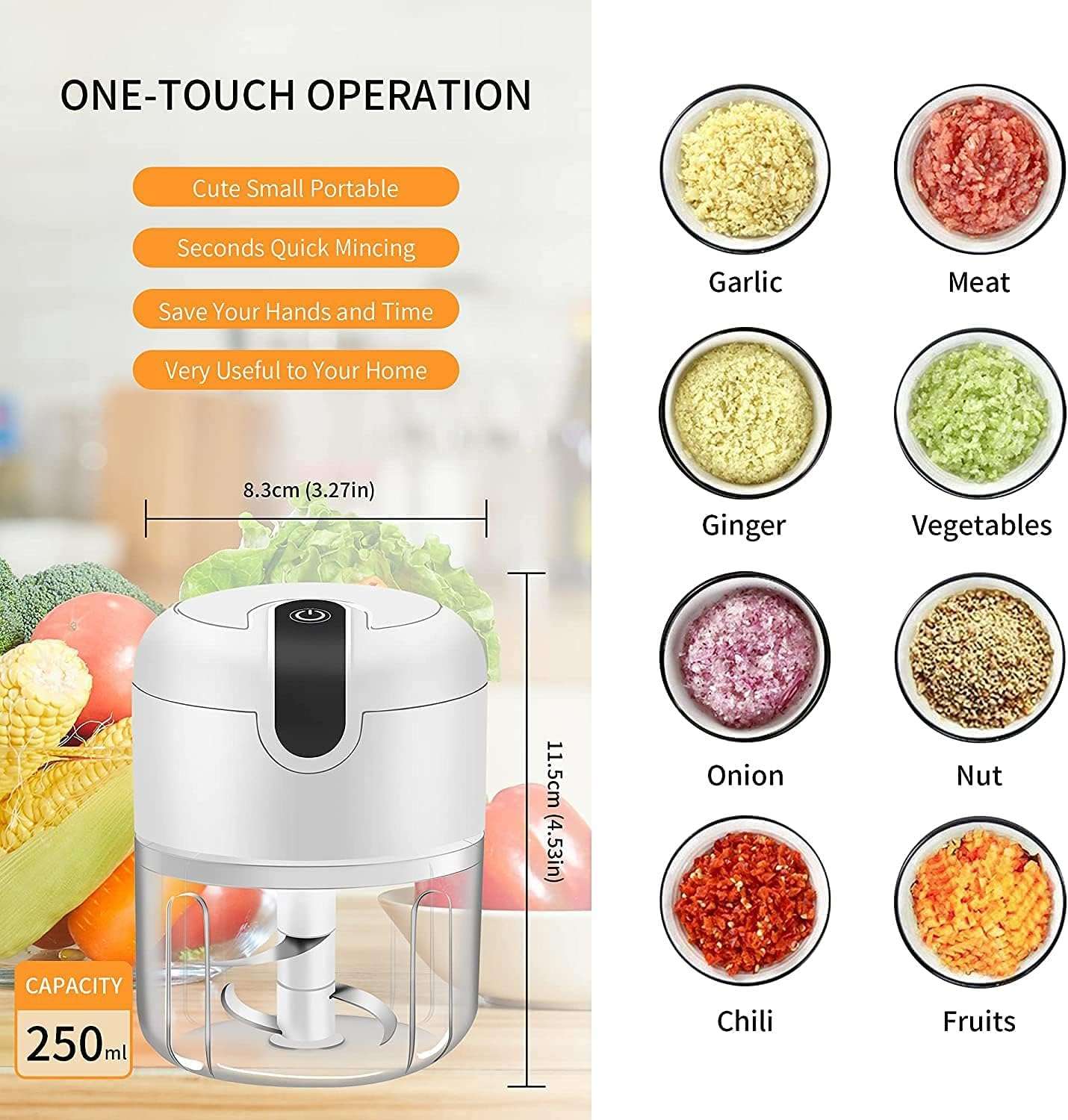 Konquer TimeS KTS Electric Mini Garlic Chopper,Food Processor,Portable Cordless Garlic Mincer Masher, With USB Charging For Vegetable,Chili,Fruits,Ginger,Baby Food Masher, Seasoning 250Ml 5