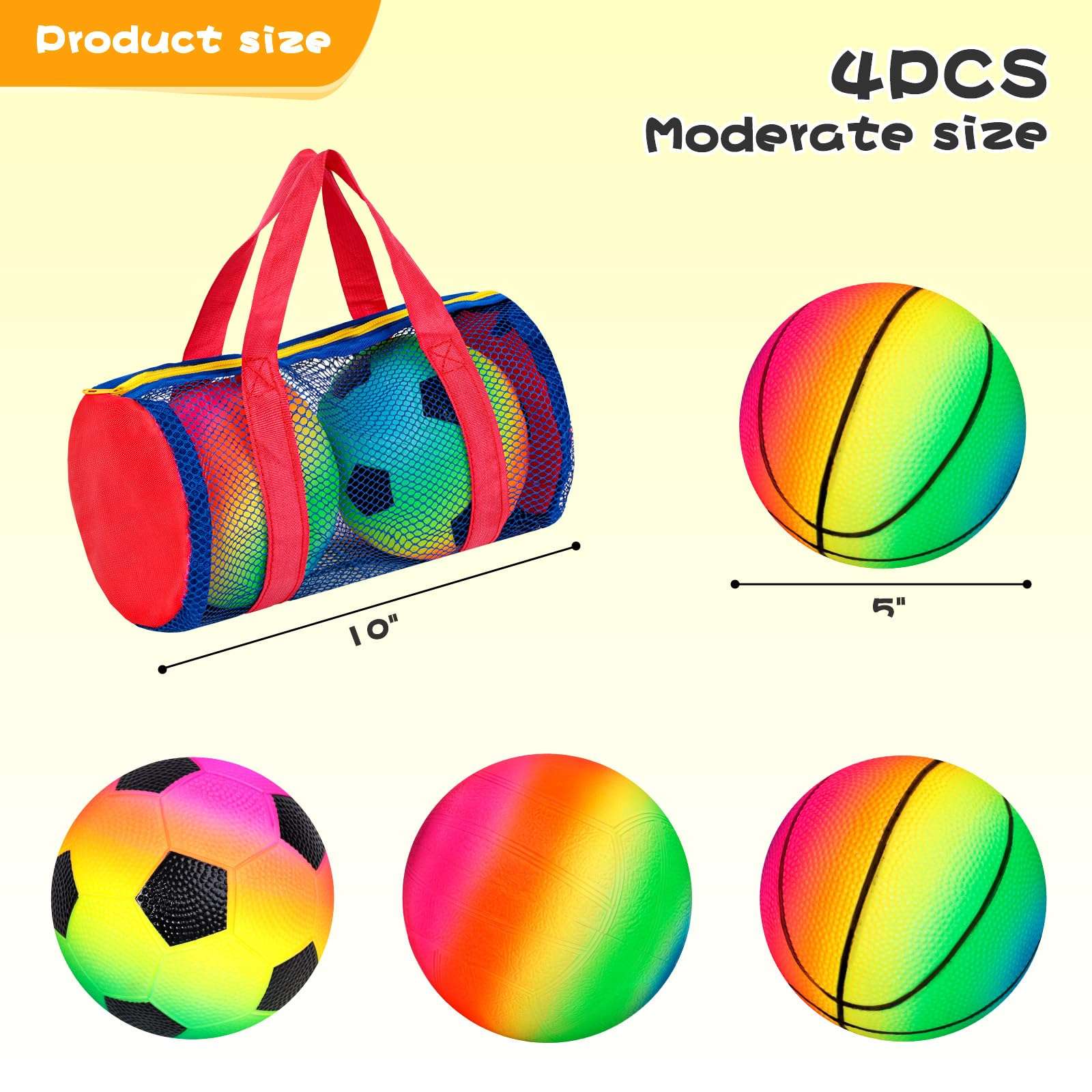 AMOR PRESENT Sport Balls for Kids, Inflatable Balls with Bag Includes Rainbow Kickballs Volleyballs Dodgeballs, Fun Indoor Outdoor Toys, Sport Soft Bouncy Playground Balls, for Kids Sport Party Favors 3