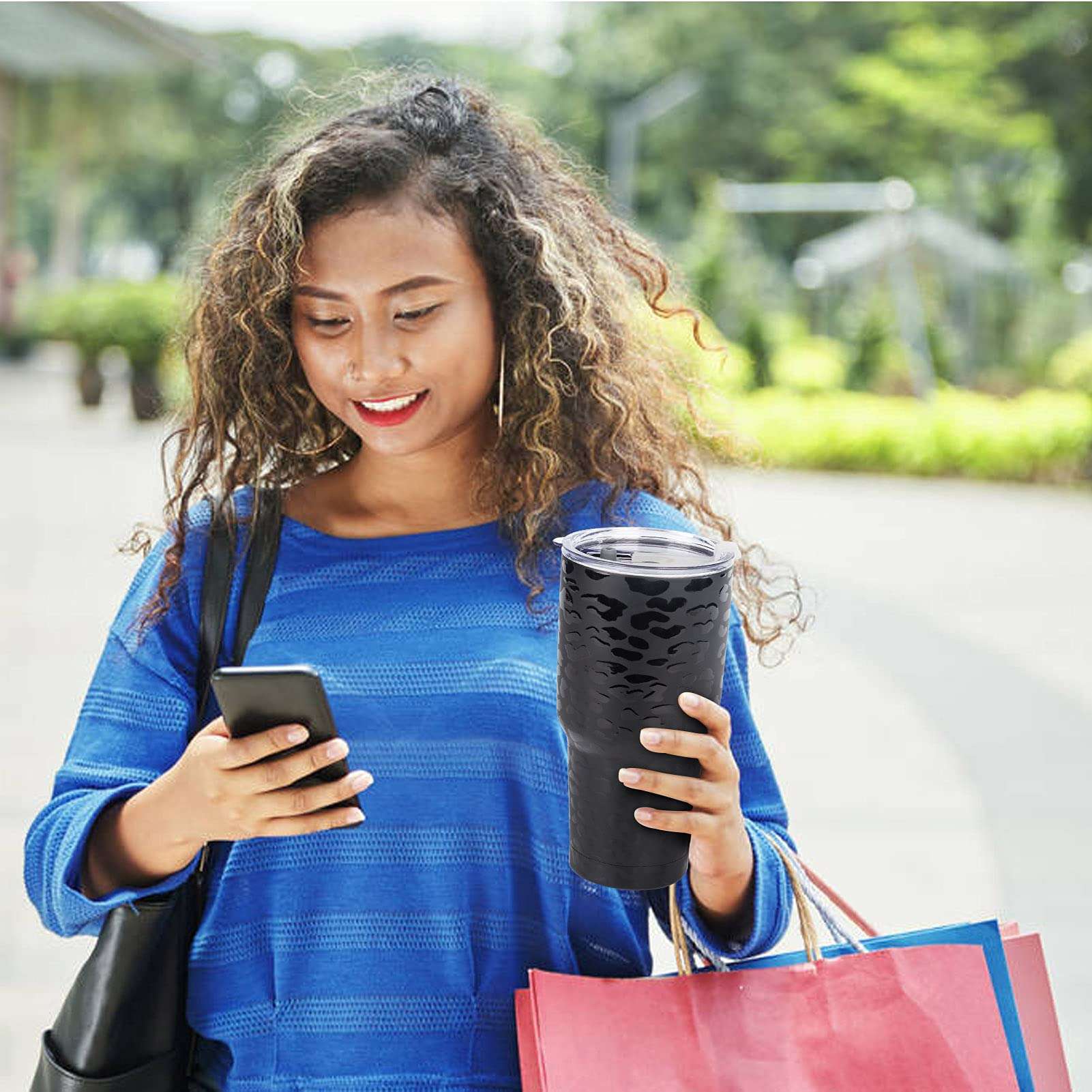 D·S 30oz Black Leopard Tumbler Stainless Steel Insulated Travel Mug with Straw Lid Cleaning Brush 5