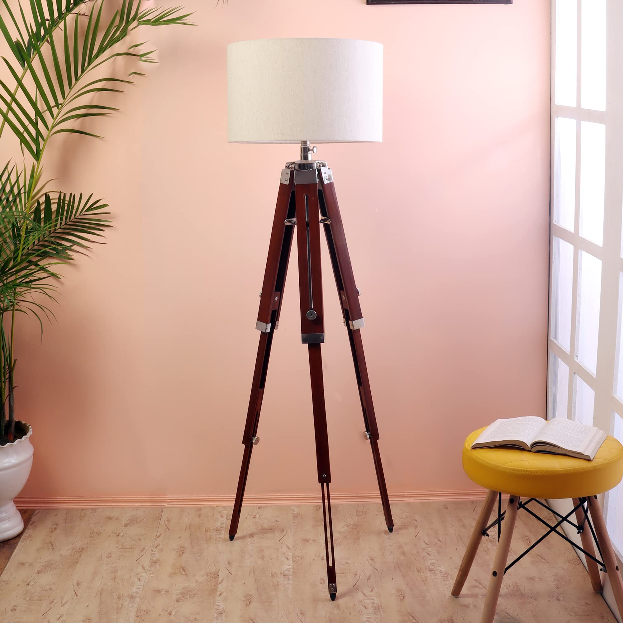 Beverly studio Beige Drum Brown Wooden Tripod Floor lamp 3