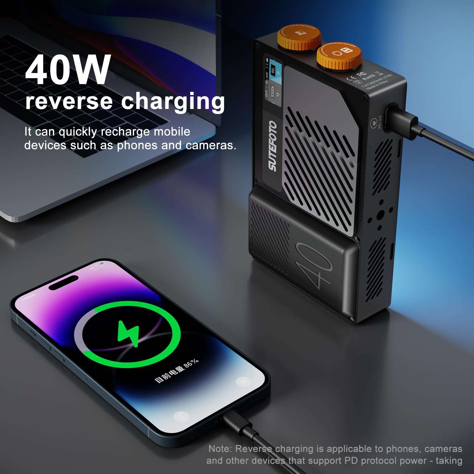 T40 LED Video Light,40W Rechargeable LED on Camera Light,Pocket Light with Full RGB,2800K-10000K,Built-in 5000mAh Battery for Photography Lighting,YouTube, TikTok (RGB) 4