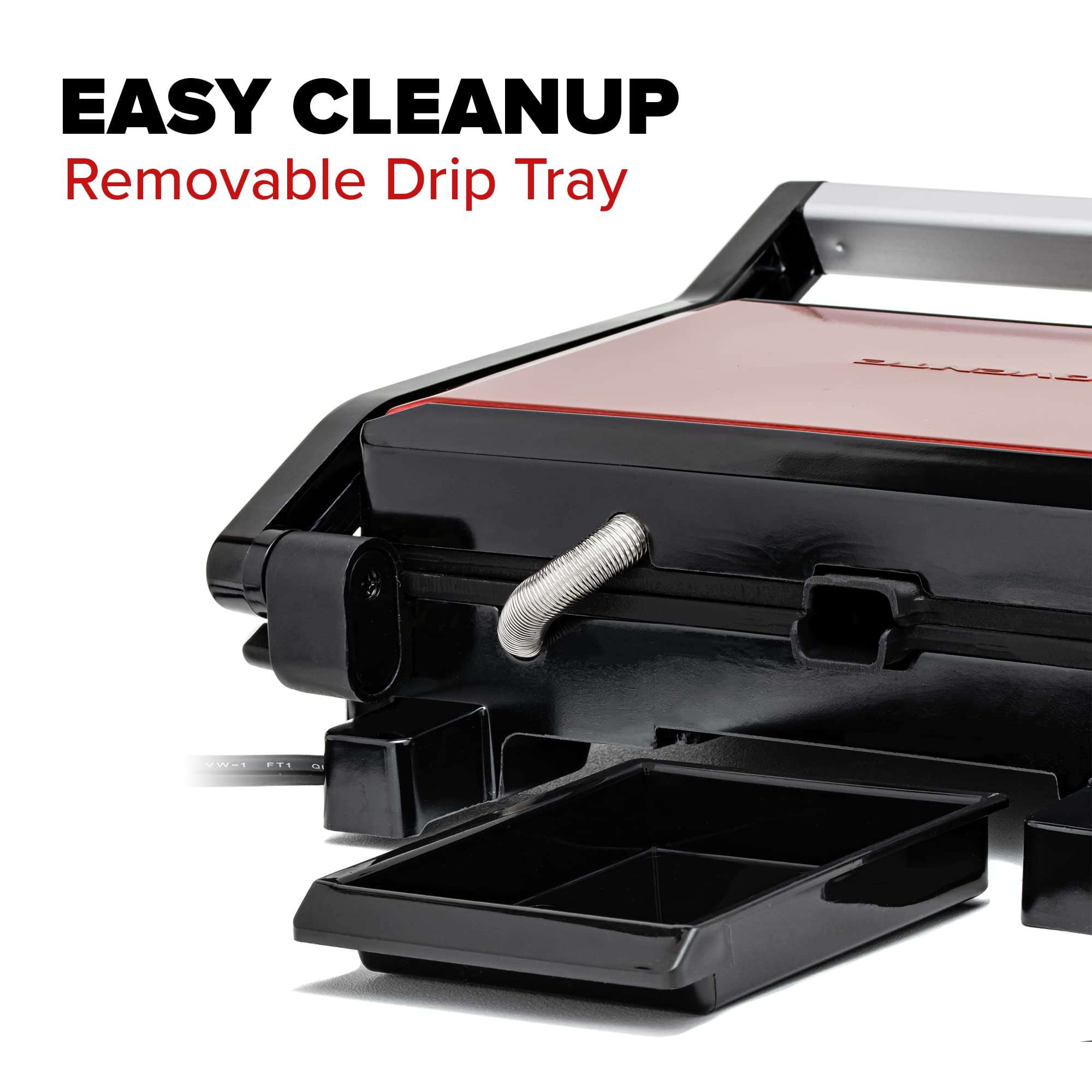 OVENTE Electric Indoor Panini Press Grill and Sandwich Maker with Non-Stick Coated Plates, Cool-Touch Handle and Removable Drip Tray, Opens 180 Degrees to Fit Any Type or Size of Food, Red GP0540R 4