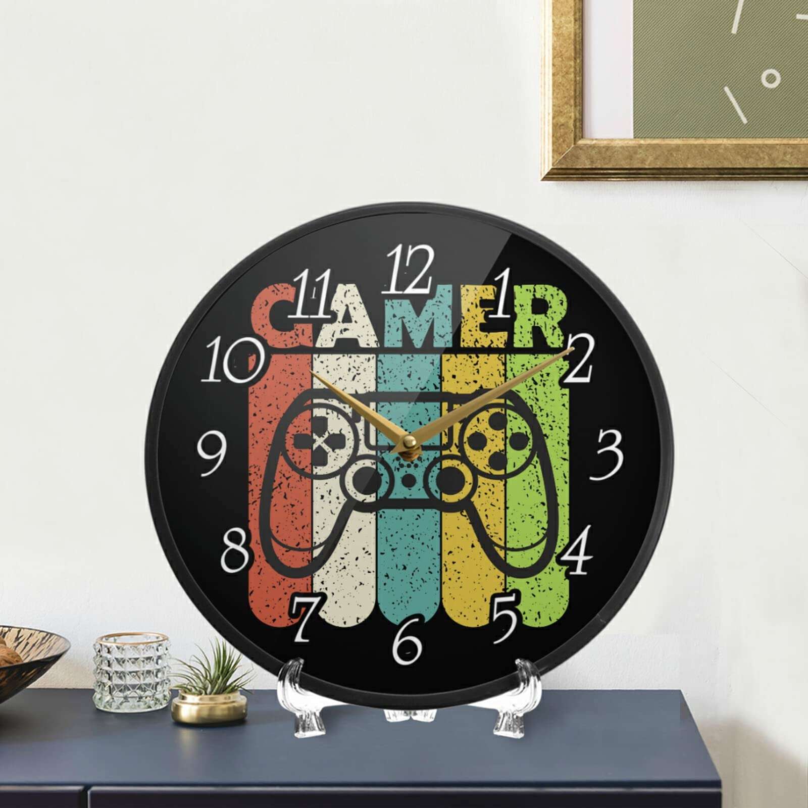 Colorful Joystick Vintage Gamepad with Slogan Gamer on Dark Wall Clock, Silent Non-Ticking Easy to Read Round Decorative Acrylic Wall Clock Art, for Living Room Home Office School 12 Inch 5