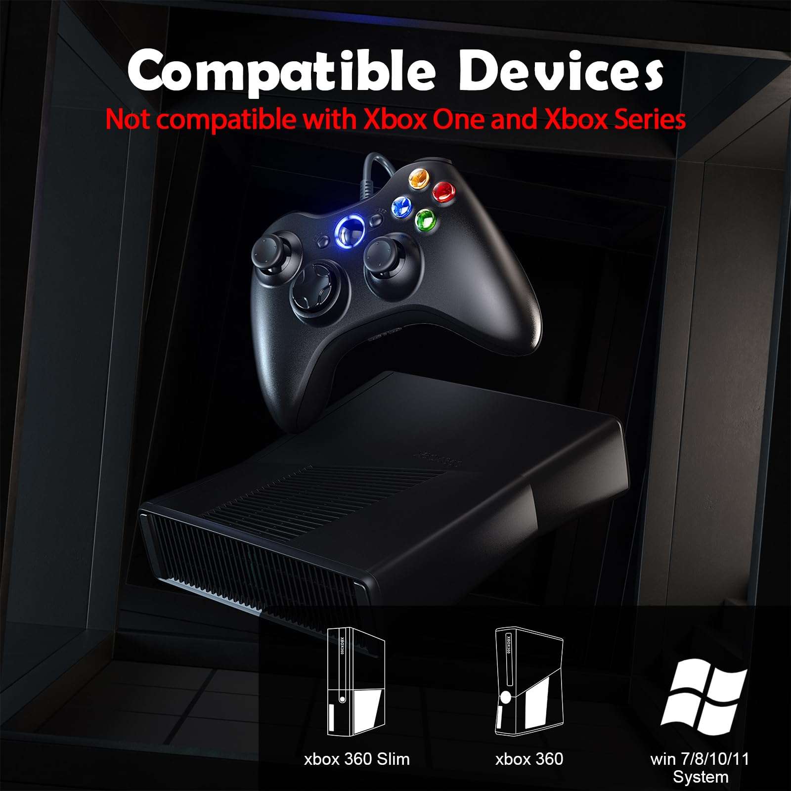 LENISUOLE 1 Pack Replacement for Xbox 360 Controller Wired, PC Controller Compatible with Microsoft Xbox 360 & Slim/PC, with Upgraded Joystick, Double Shock, Voice Function 3