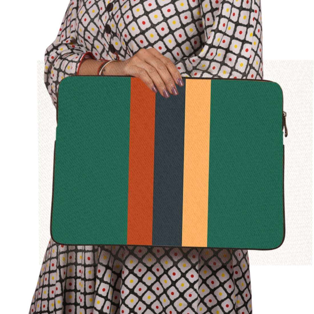 MAUJ Forest Green Red Yellow Stripe Canvas Laptop Sleeve for 13.3 4
