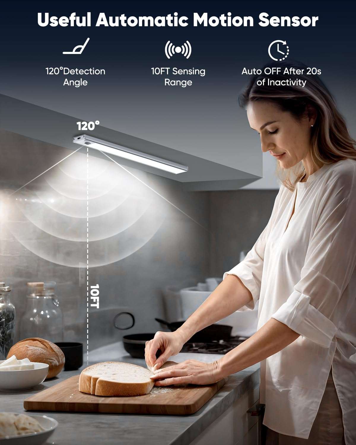 12'' Under Cabinet Lights, 2500mAh LED Battery Operated Rechargeable Motion Sensor Lights Indoor, Magnetic Dimmable Closet Light, Wireless Under Counter Cupboard Night Light for Kitchen, Stair, 3 Pack 4