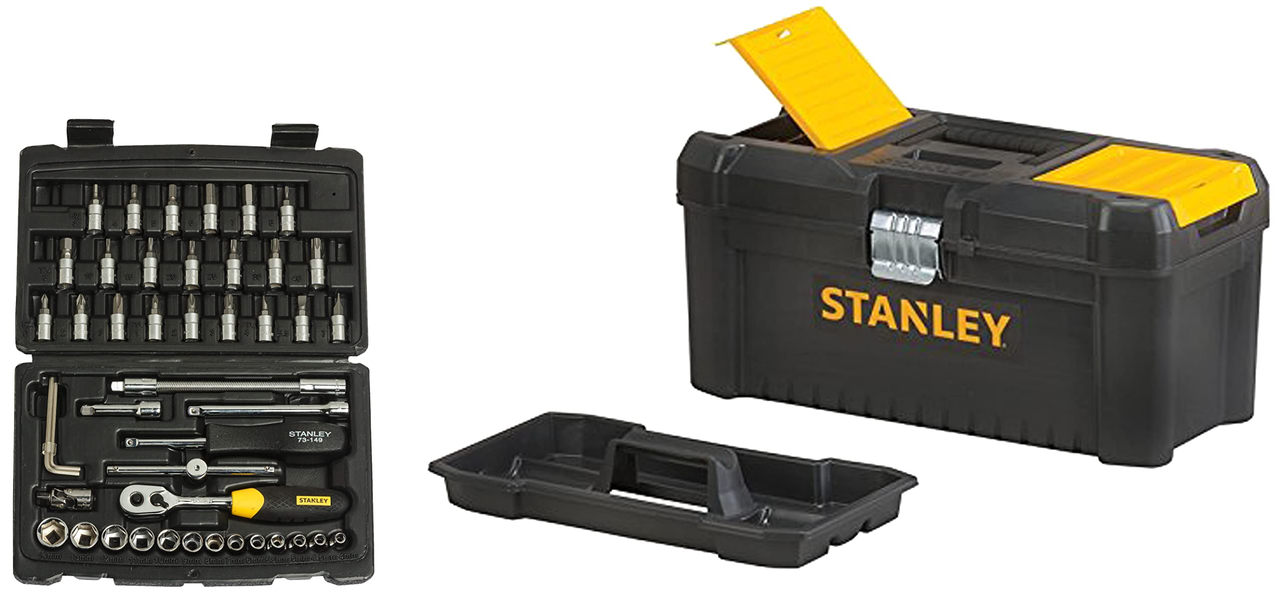 STANLEY STMT72794-8 1/4'' Square Drive Metric Socket Set (46-Pieces) & STST1-75518 16'' Essential Tool Box with Metal Latch (Black and Yellow) 1