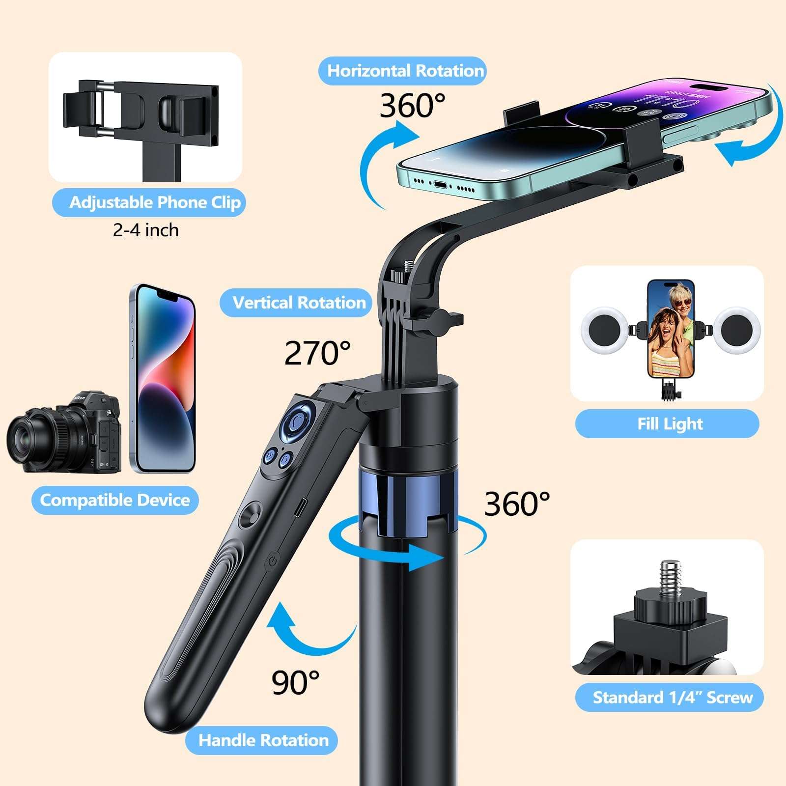 Smart Face Tracking Tripod Selfie Stick with LED Light, 360° Rotating 70" Phone Camera Stand with Bluetooth Remote, Perfect for Video Recording, Live Broadcast, and Social Media Content 6