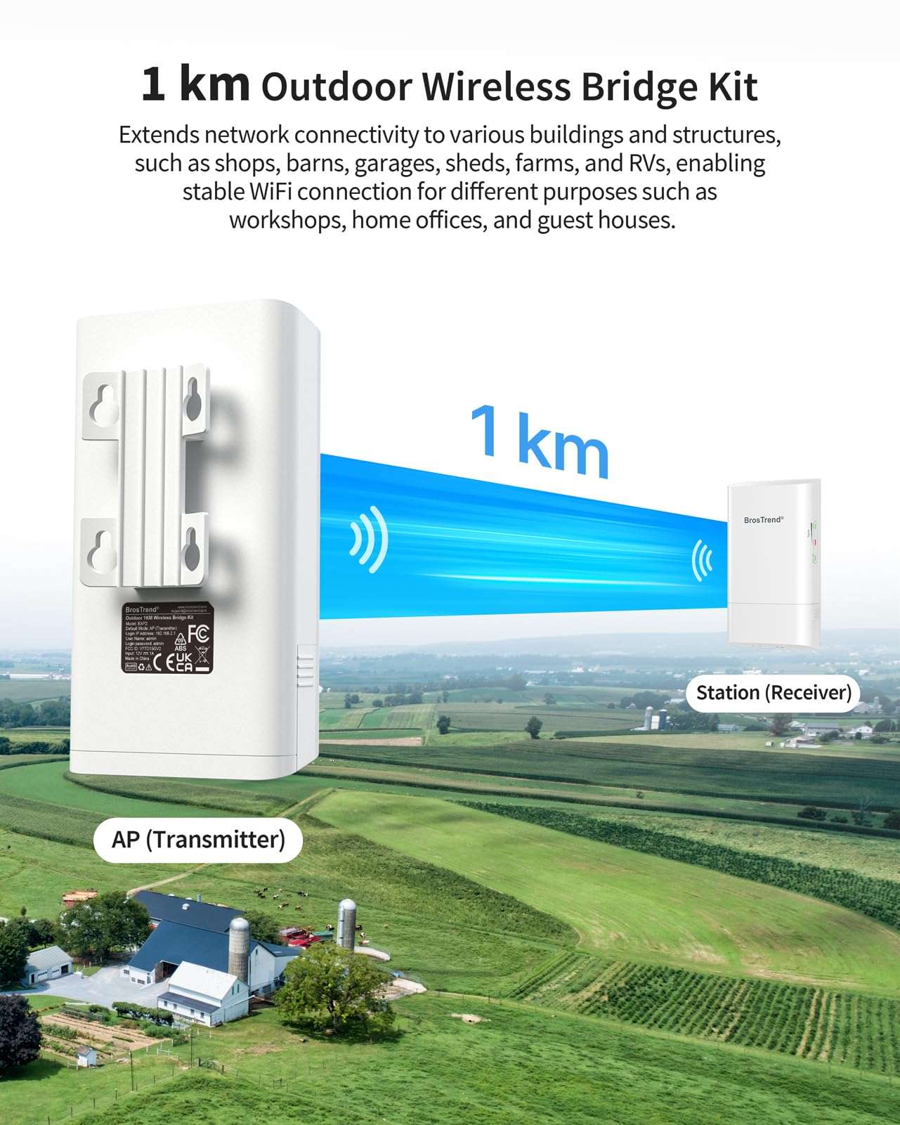 BrosTrend 5GHz Wireless Bridge, 1KM WiFi Bridge, Point to Point Outdoor CPE for PtP & PtMP, IP65 + AC650 Linux WiFi Adapter w/High Gain Antenna for Ubuntu Mint Debian Kubuntu Mate PureOS Windows etc. 3