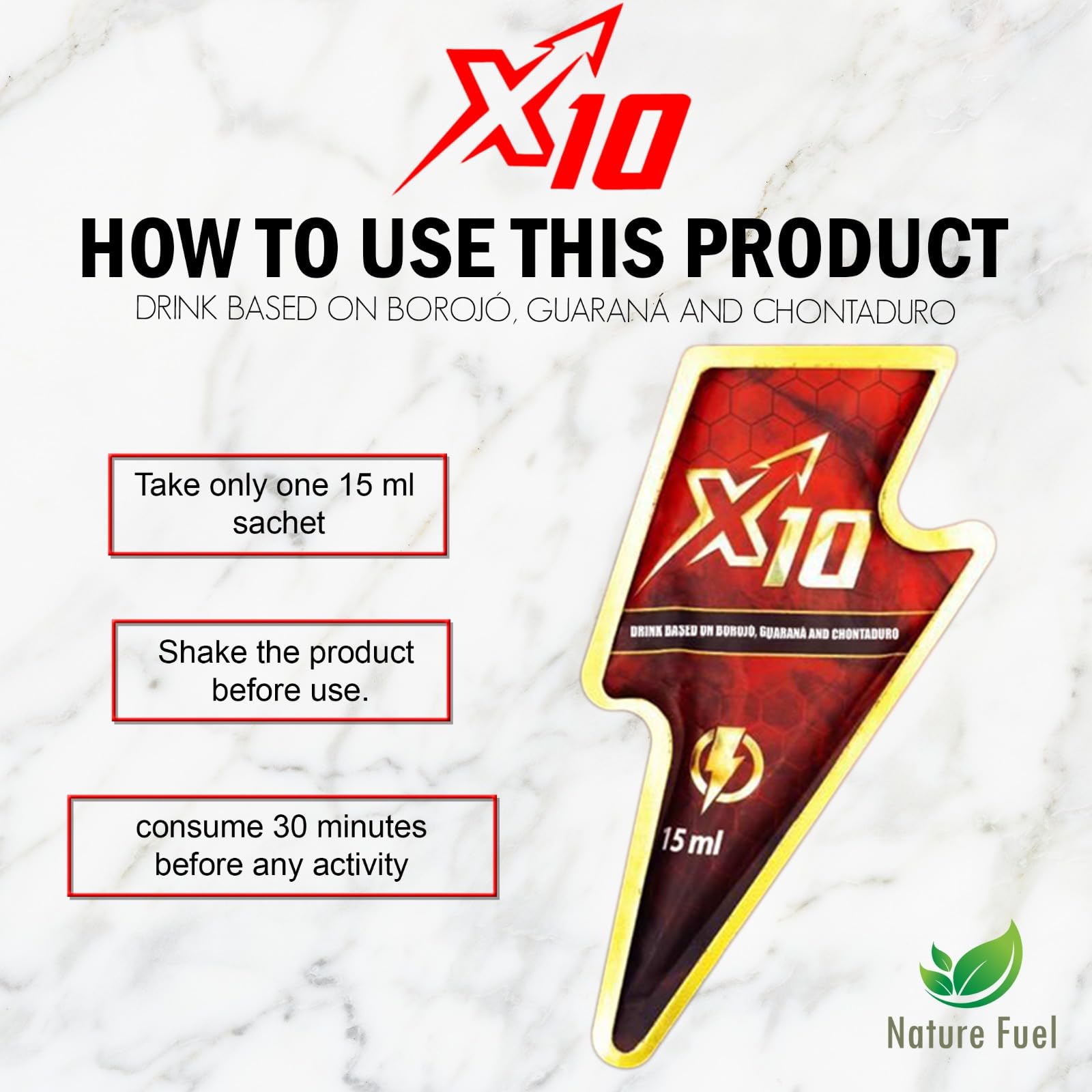 X10 Natural Supplement - Chontaduro, Guarana, and Borojó Blend | 15ml Sachets (7-Pack) | Plant-Based Energy Support. 3