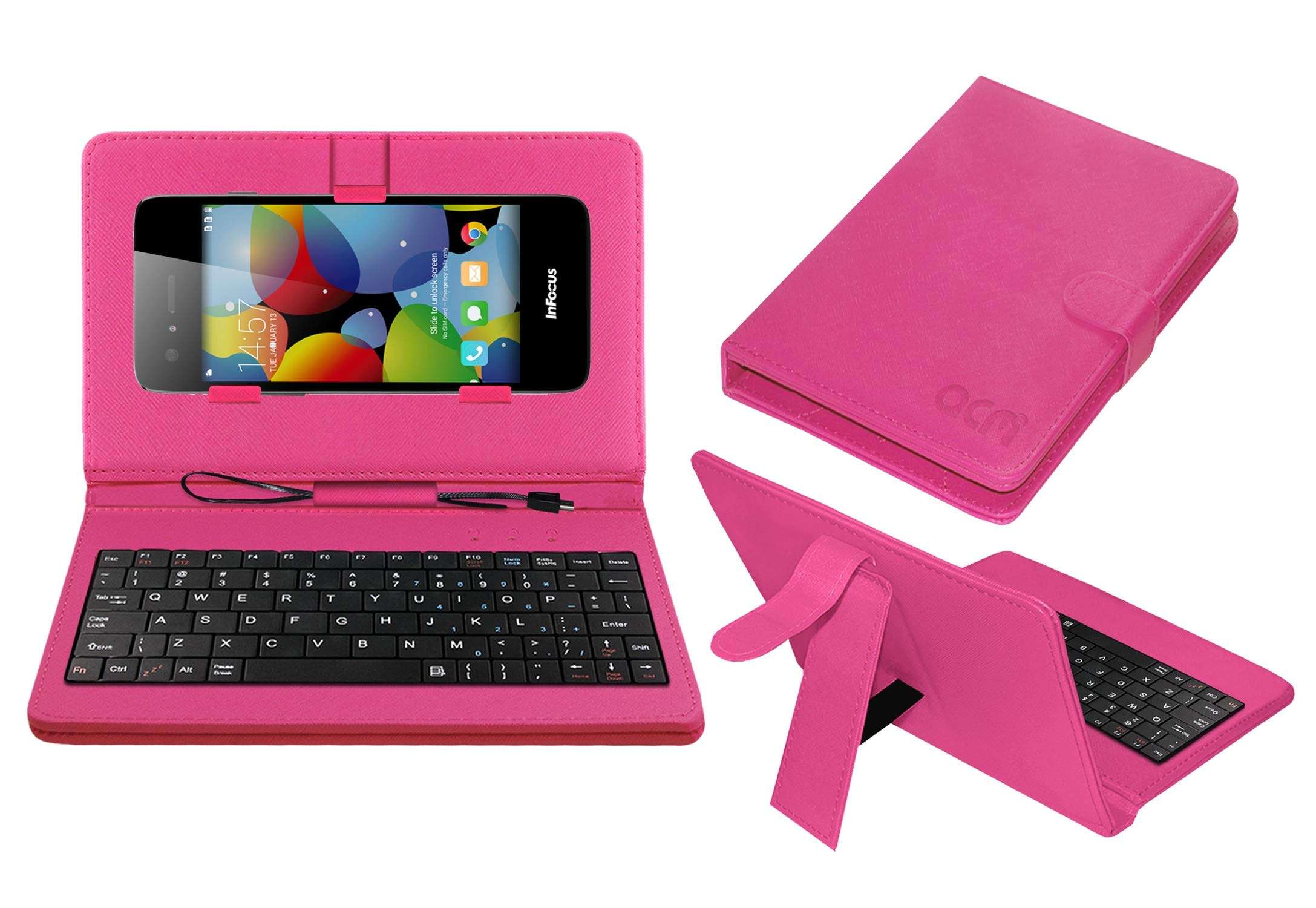 ACM Keyboard Case Compatible with Infocus M2 4g Mobile Flip Cover Stand Plug & Play Device for Study & Gaming Pink 1