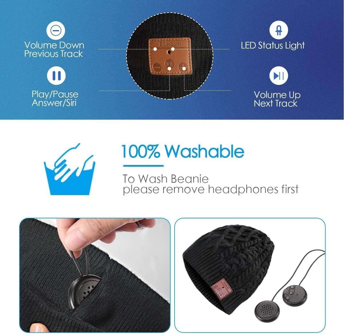 ZRUHIG 2024 Bluetooth Beanie, Wireless Beanie Headphones, Stylish Sleek Shape Bluetooth Hat, HD Stereo Sound, Built-in Mic, Tech Gifts for Men Women Friends Family Teens Boys Girls (Grey) 3