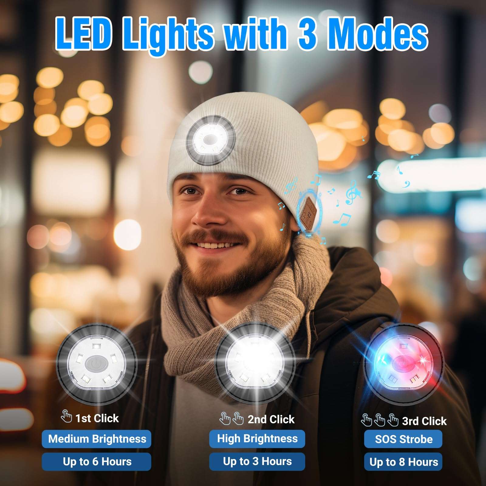 TOUCH TWO Bluetooth Beanie Hat with LED Light Wireless Musical Knitted Cap with Headphone Stereo Speakers & Mic for Running Hiking Jogging White 3