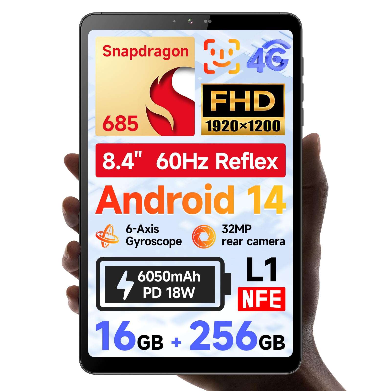 BNCF 8.4 inch Snapdragon 685 Android 14 Tablet, FHD IPS 1920x1200 Resolution 60Hz Reflex Bpad mini with Widevine L1, 16GB+256GB(1TB Expand), 5MP+32MP Camera, 4G LTE+2.4G/5G WiFi+BT5.0+GPS, 6050mAh 1