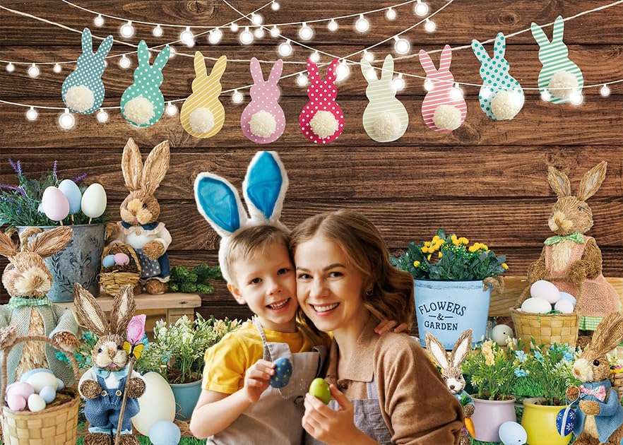 Easter Backdrop for Photography 10x8FT Spring Green Grass Flower Rabbit Egg Wooden Wall Background Easter Kids Newborn Portrait Photo Props 6
