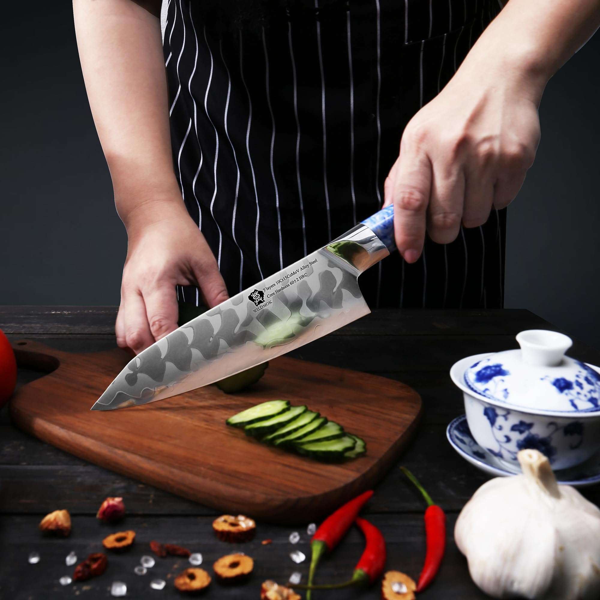 WILDMOK Chef Knife 8 Inch, Ultra Sharp Japanese Kitchen Knives - 7 Layers 10Cr15CoMoV Clad Steel Chef's Knife with Ergonomic Resin Handle 6