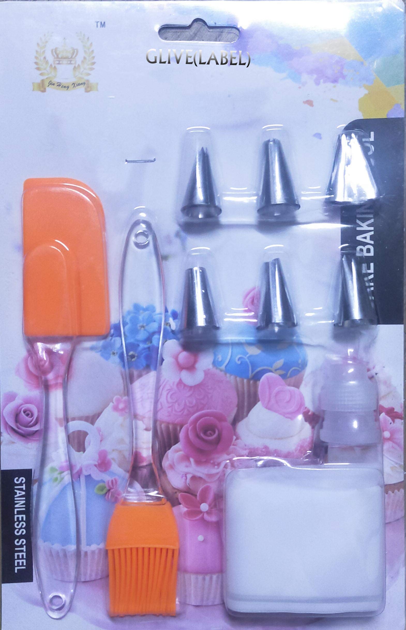 GLIVE (LABEL) 6pcs Decorating Nozzles 1 Icing Bag with Silicone Spatula and Pastry Brush Set Special for Cake Mixer, Grilling, Tandoor, Cooking, Baking, Glazing, BBQ for Cooking Silicon, Oil Brush 1