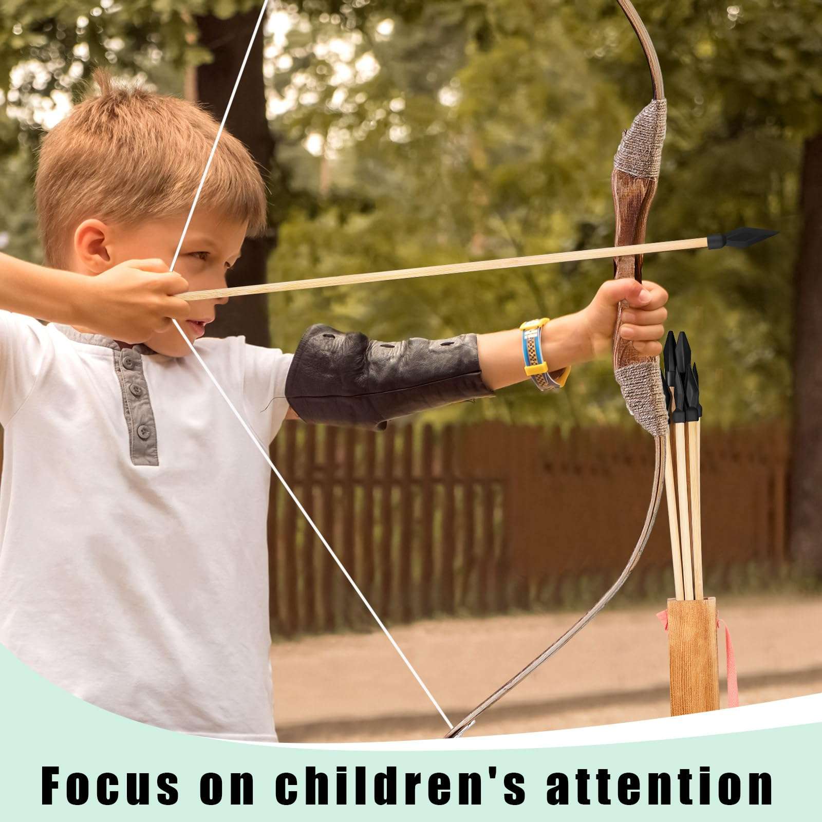 Lenwen 4 Sets Wooden Bow and Arrow Archery Set Includes Wooden Bow Wood Arrows and Arrow Holders Handmade 32 Inch Toy Bow and Arrow Archery Set Outdoor Indoor Games Toys Gifts for Youth (Brown) 6