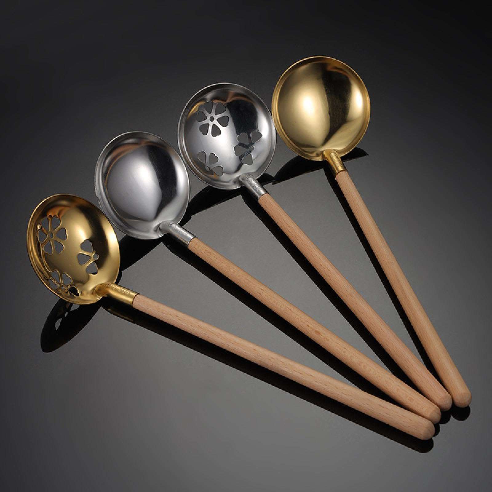 Stainless Steel Cutlery Wooden Handle Soup Shell Colander Household Kitchen Gadget Ramen Soup Spoon Golden 4