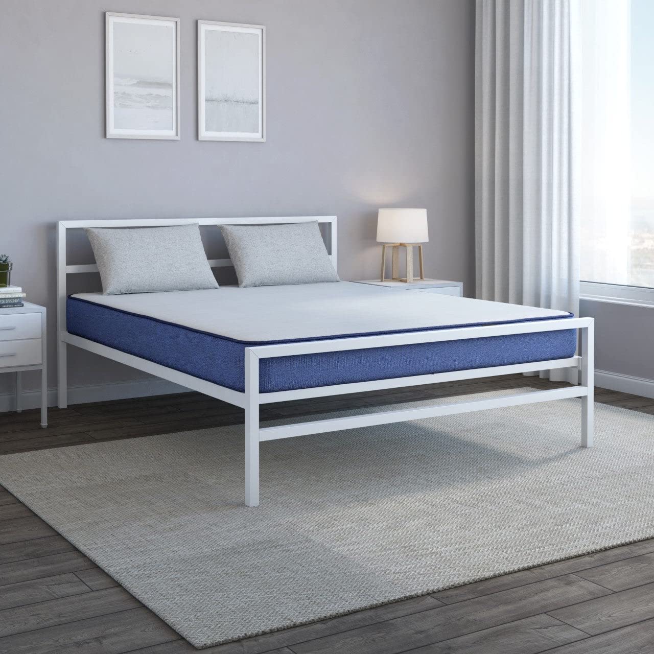 Doctor Dreams by Nilkamal Queen Size Striker Classic Metal Bed with Plus Memory Foam 6 Inch Orthopaedic Mattress, Comes with Soft Cover, Firmness Premium Mattress (White & Blue, 78 x 60) 1