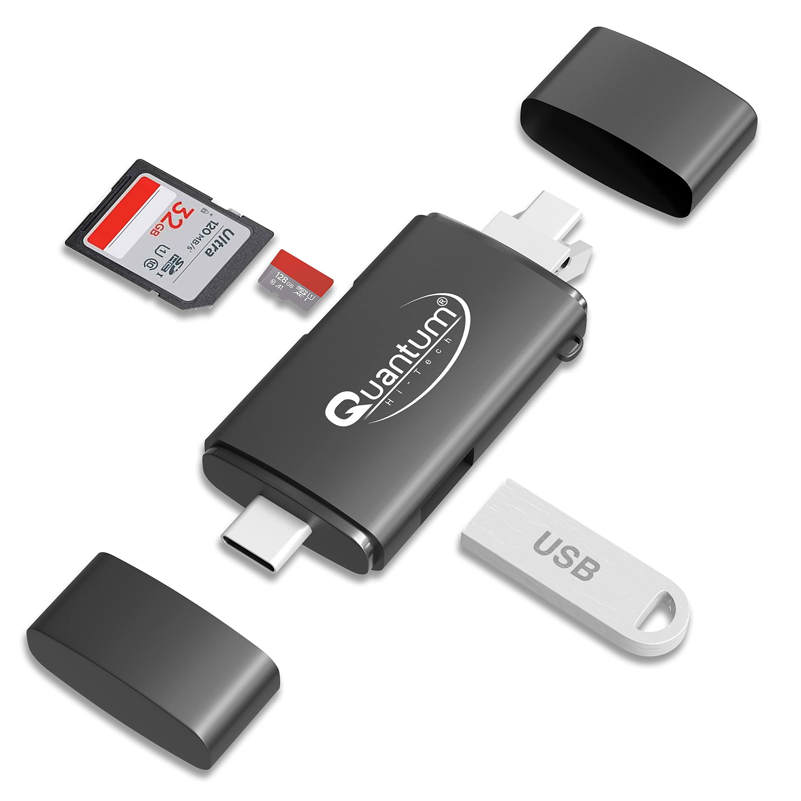 QUANTUM OTG Card Reader and Hub with Type-C, USB & Micro USB Ports | Portable Memory Card Reader Supports USB Drives, TF, SD, Micro SD Cards QHM6570 1