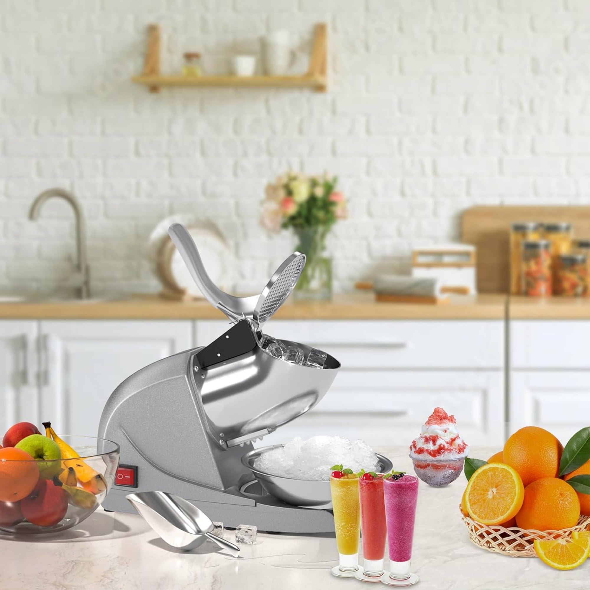 Cocina perfecta Electric Ice Crushers Machine Ice Snow Cone Maker Professional Double Blades Stainless Steel Ice Shaver Machine for Home Commercial Use | Silver 6