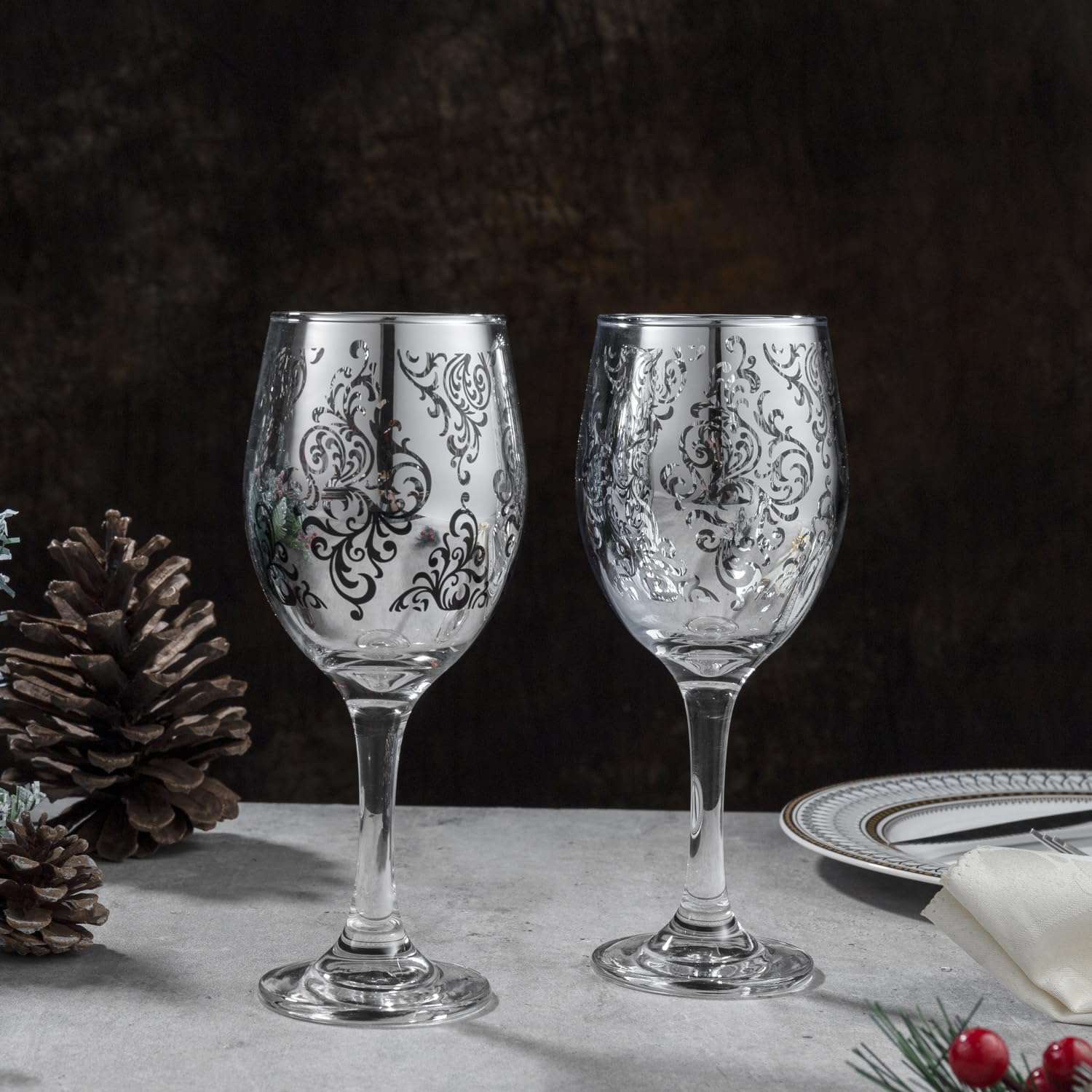 MyGift 10 oz Stemmed Wine Glass Glassware Duo with Silver Mirror Finish Etched in Baroque Pattern, Elegant Wine Drinking Glasses for Dinner Party or Wedding, Set of 2 5