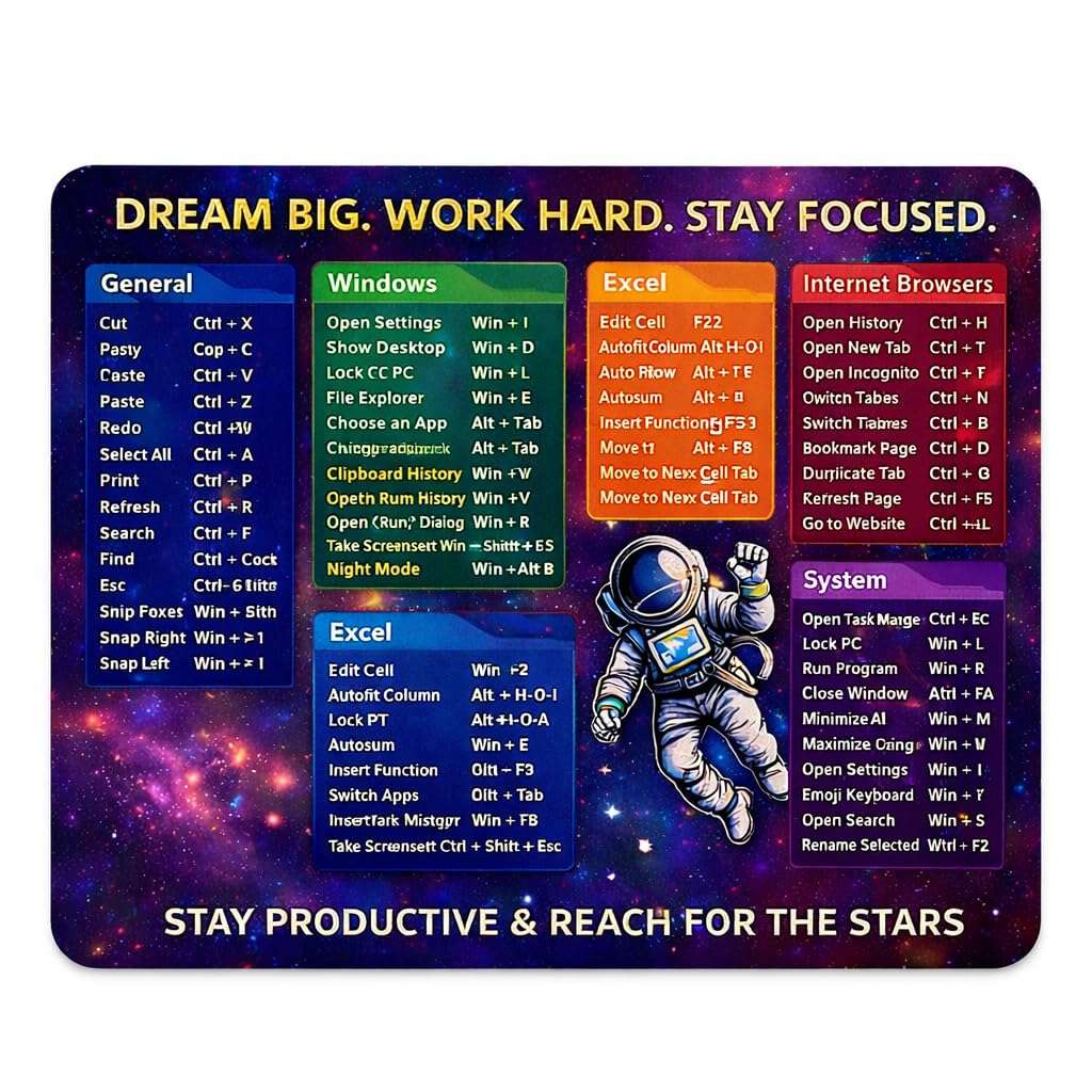 Computer Keyboard Shortcuts Mouse Pad, Galaxy Space Theme with Astronaut Design, Motivational Productivity Reference Guide for Windows Excel and Internet Browsers, Non-Slip Rubber Base, 3mm Thick 1