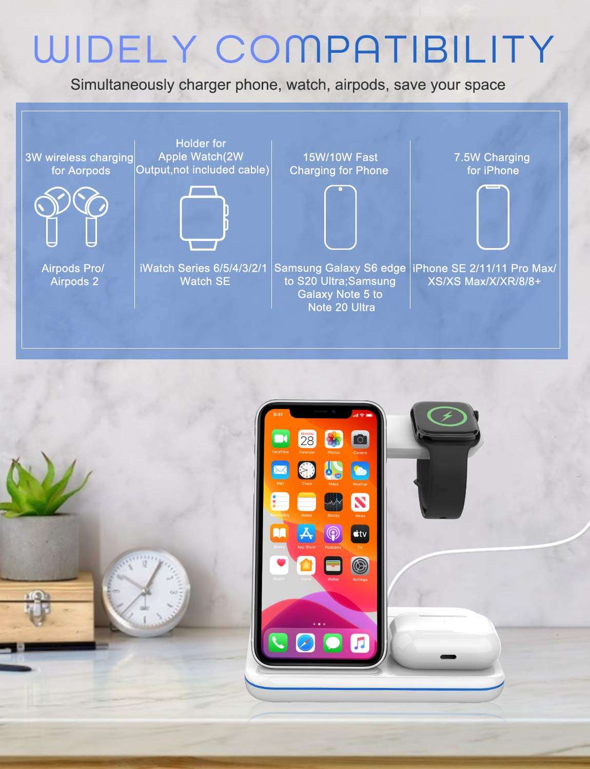 Innens 15W Wireless Charging Station for Apple, 3-in-1 Fast Wireless Charger with Adapter for iPhone 12/11 Pro Max/Xs Max/XS/XR, Apple Watch 6/5/4/3/2/1, Airpods 1 2 3 Pro 2