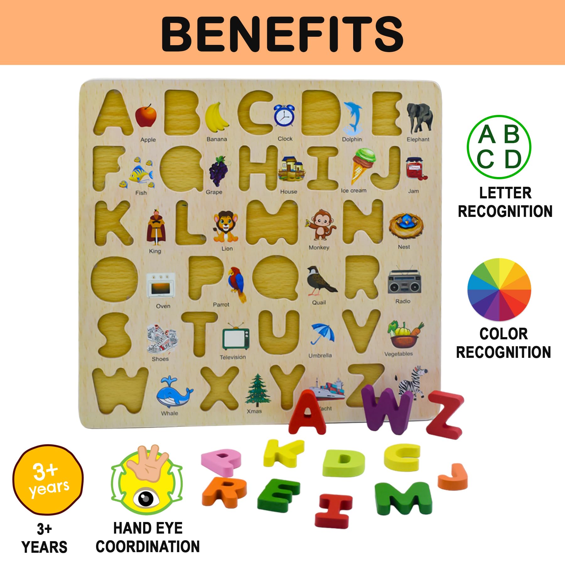 wishkey 3d wooden capital alphabet puzzles with pictures for children, montessori educational learning letters puzzle board toy- Multi color 4