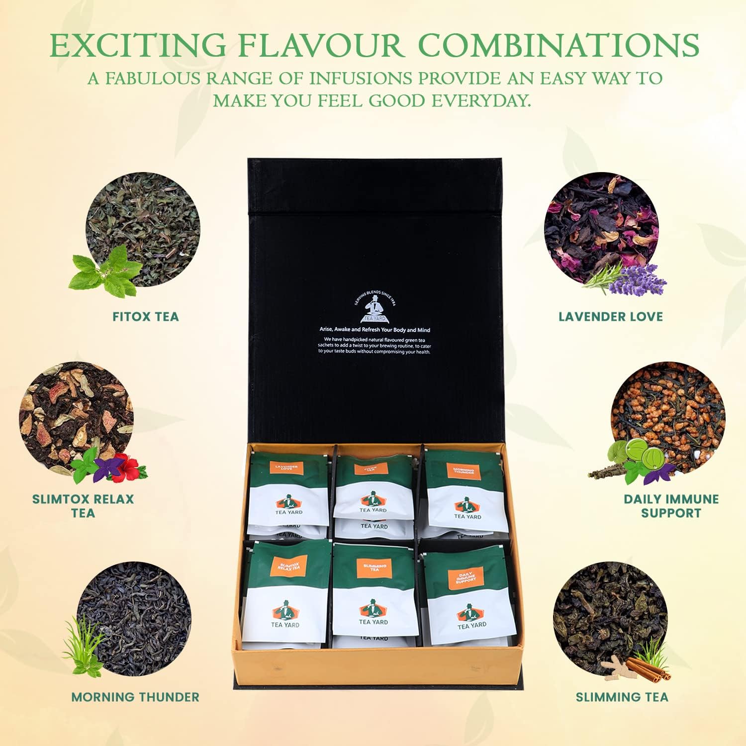TEA YARD Green Tea Wellness Kit Tea Pack with 6 Assorted Flavour Teas 24 Bags Multiple Taste Low Caffeine Decaf Tisane Pack Ideal for Gifting 3