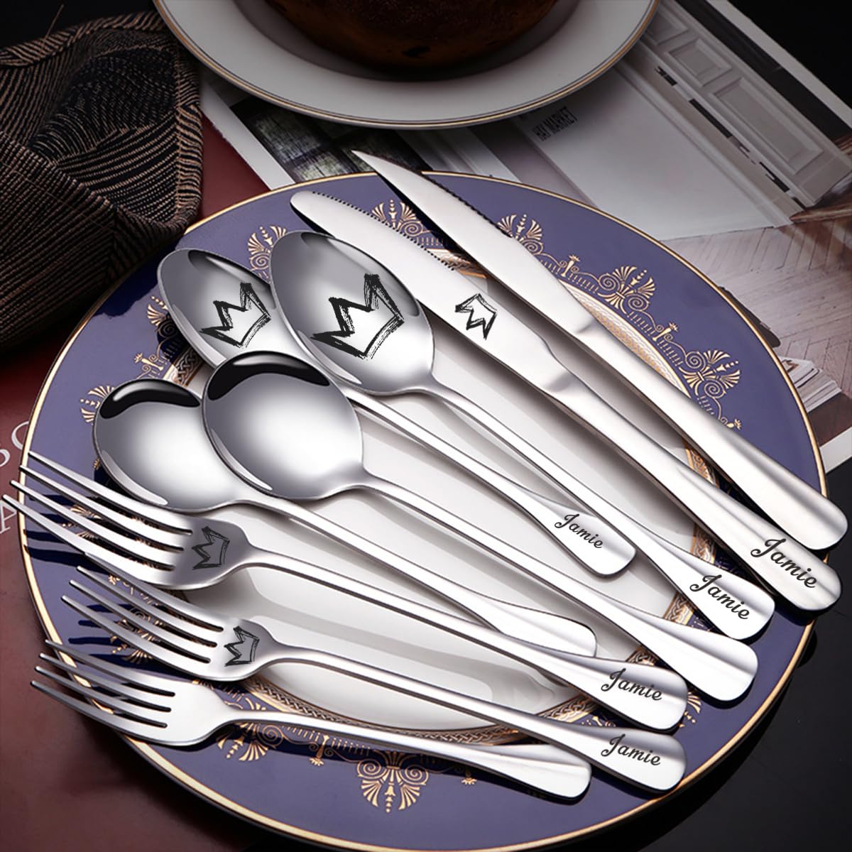 Customized Silverware Set with Gift Box 5-Pieces Engraved Stainless Steel Flatware Set Custom Dinner Forks/Knives/Spoons Personalized Cutlery Set Mirror Finish Dishwasher Safe 6